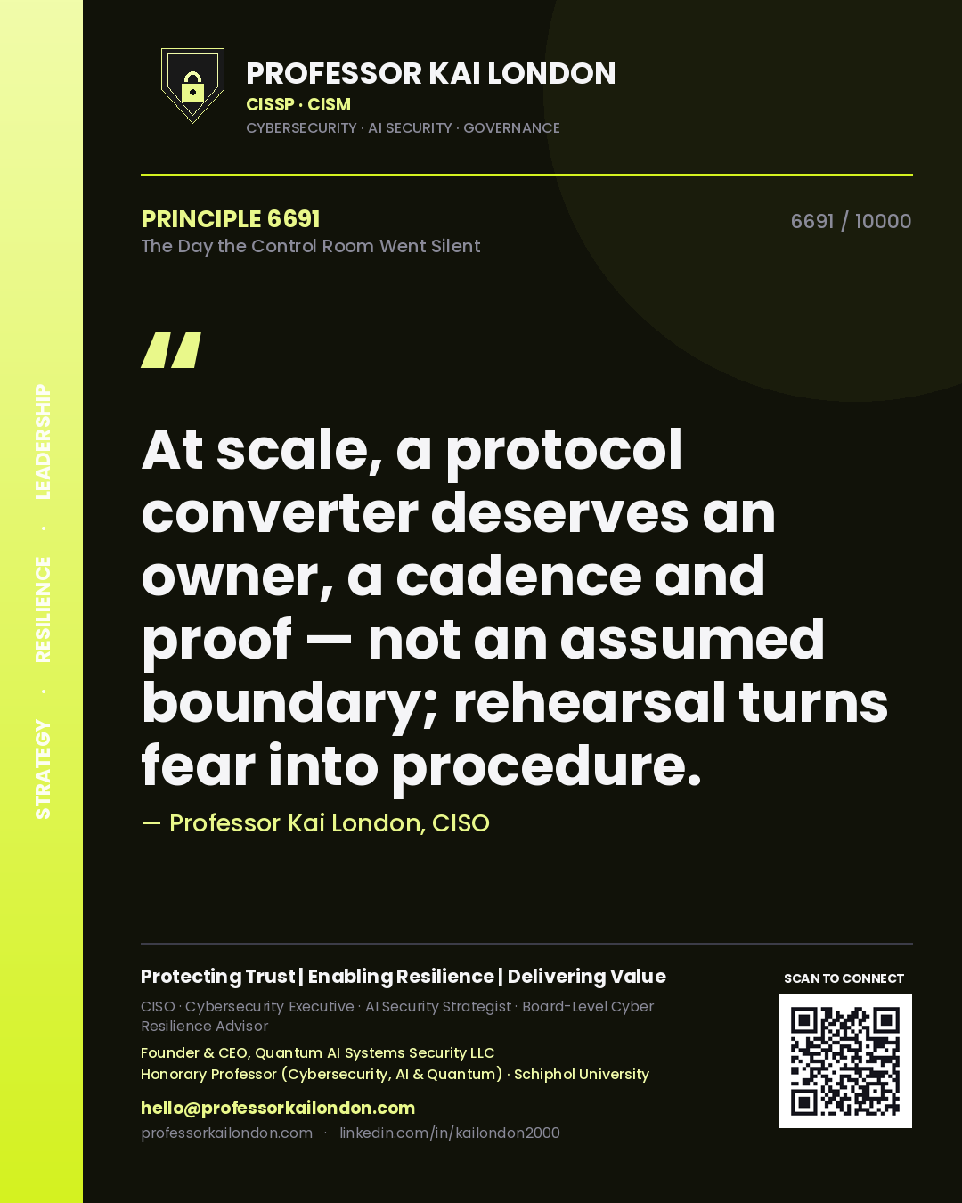 Professor Kai London principle 6691: At scale, a protocol converter deserves an owner, a cadence and proof — not an assumed boundary; rehearsal turns fear into procedure.