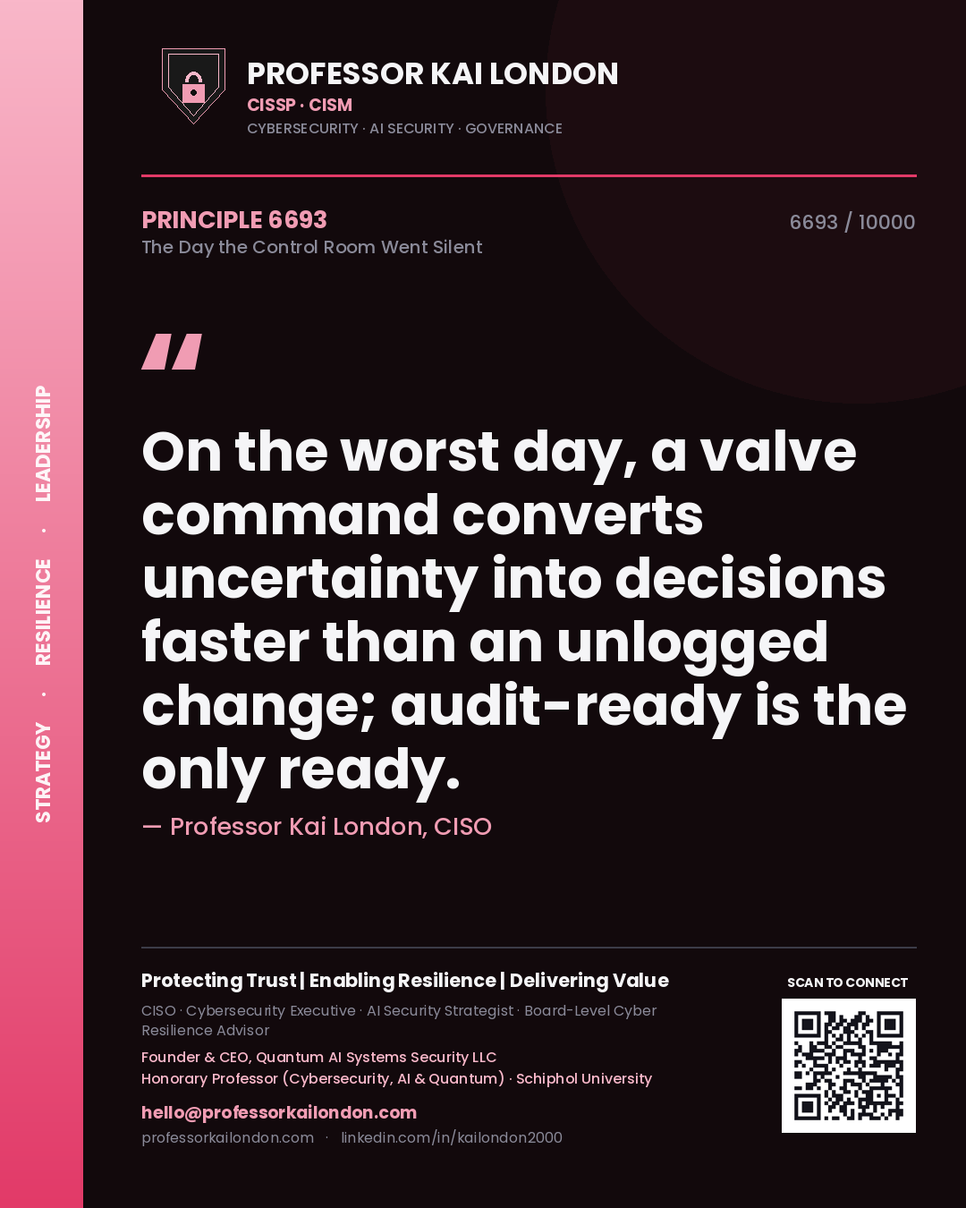 Quote card by Professor Kai London reading 'On the worst day, a valve command converts uncertainty into decisions faster than an unlogged change; audit-ready is the only ready.'. From the book The Day the Control Room Went Silent.