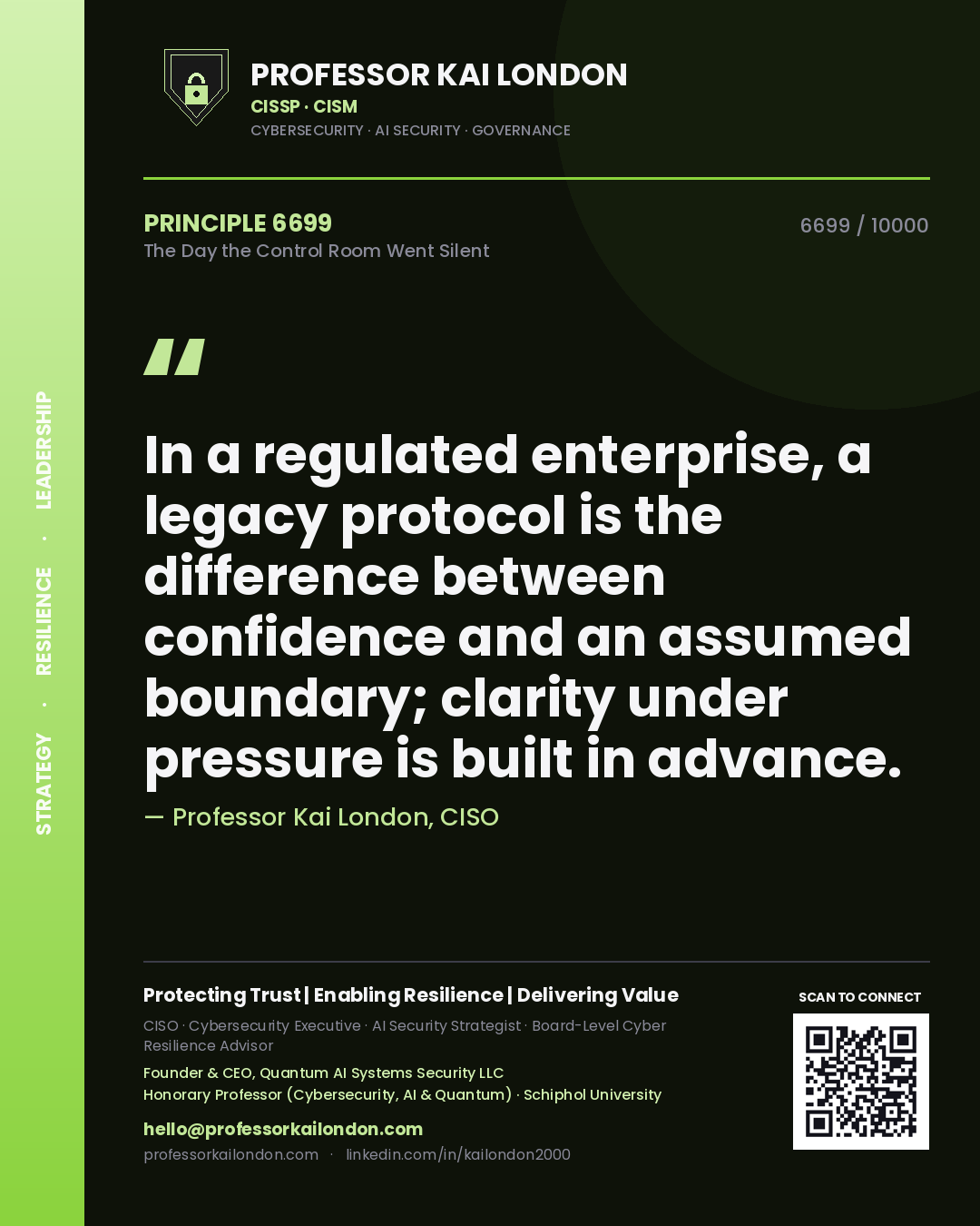 Professor Kai London principle 6699: In a regulated enterprise, a legacy protocol is the difference between confidence and an assumed boundary; clarity under pressure is built in advance.