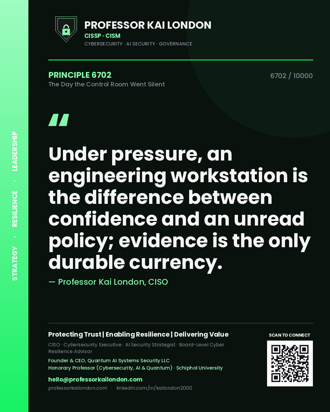 Professor Kai London principle 6702: Under pressure, an engineering workstation is the difference between confidence and an unread policy; evidence is the only durable currency.