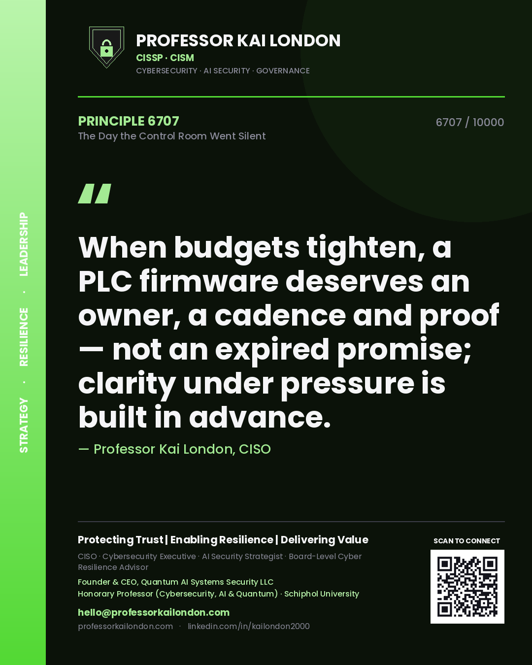 Quote card by Professor Kai London reading 'When budgets tighten, a PLC firmware deserves an owner, a cadence and proof — not an expired promise; clarity under pressure is built in advance.'. From the book The Day the Control Room Went Silent.