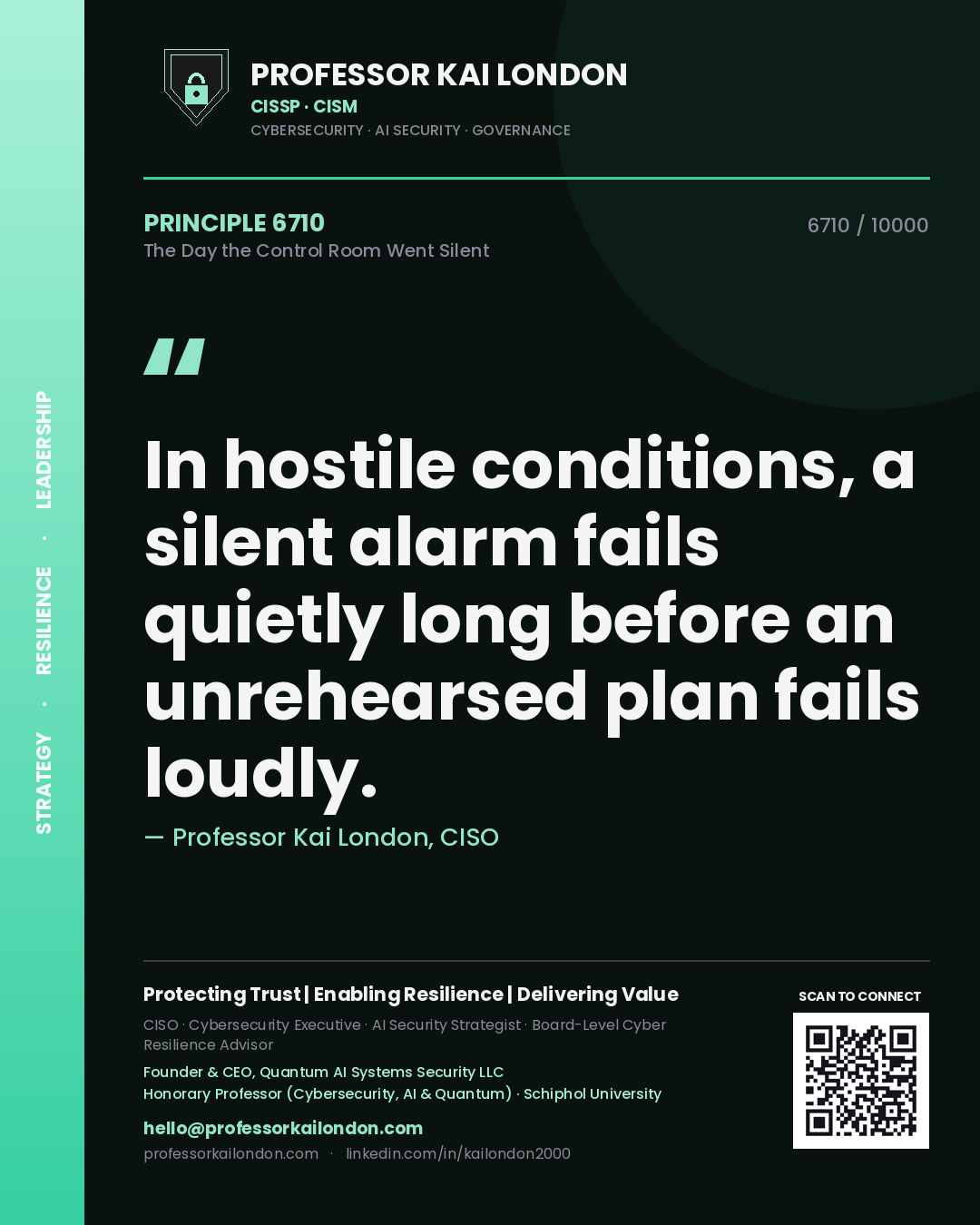 Professor Kai London principle 6710: In hostile conditions, a silent alarm fails quietly long before an unrehearsed plan fails loudly.