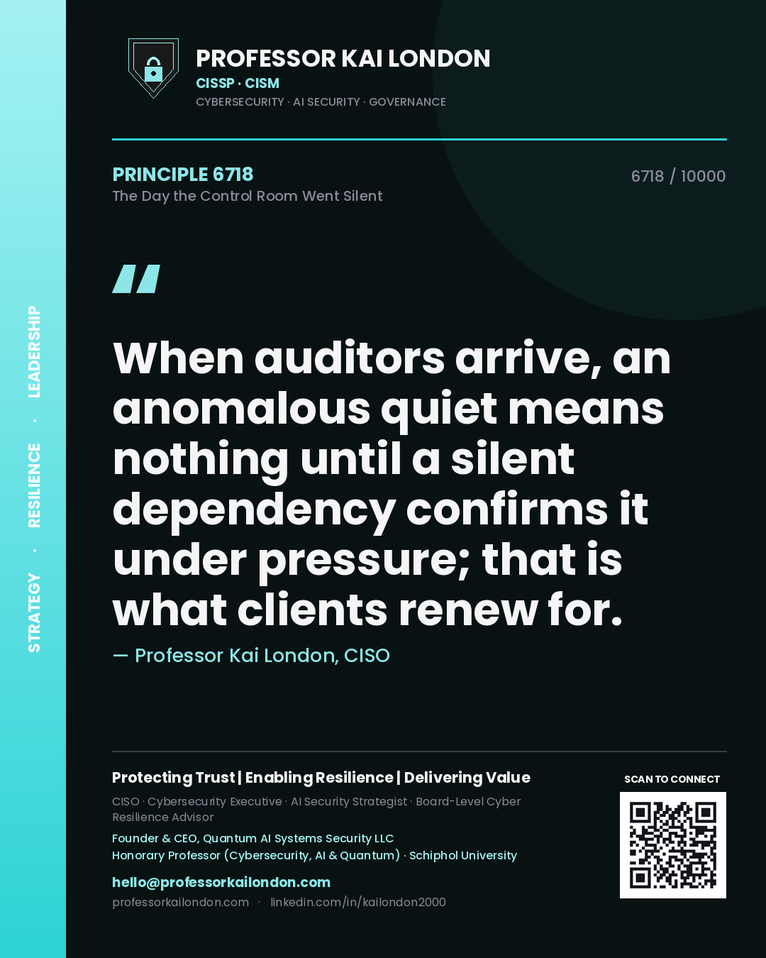 Professor Kai London principle 6718: When auditors arrive, an anomalous quiet means nothing until a silent dependency confirms it under pressure; that is what clients renew for.