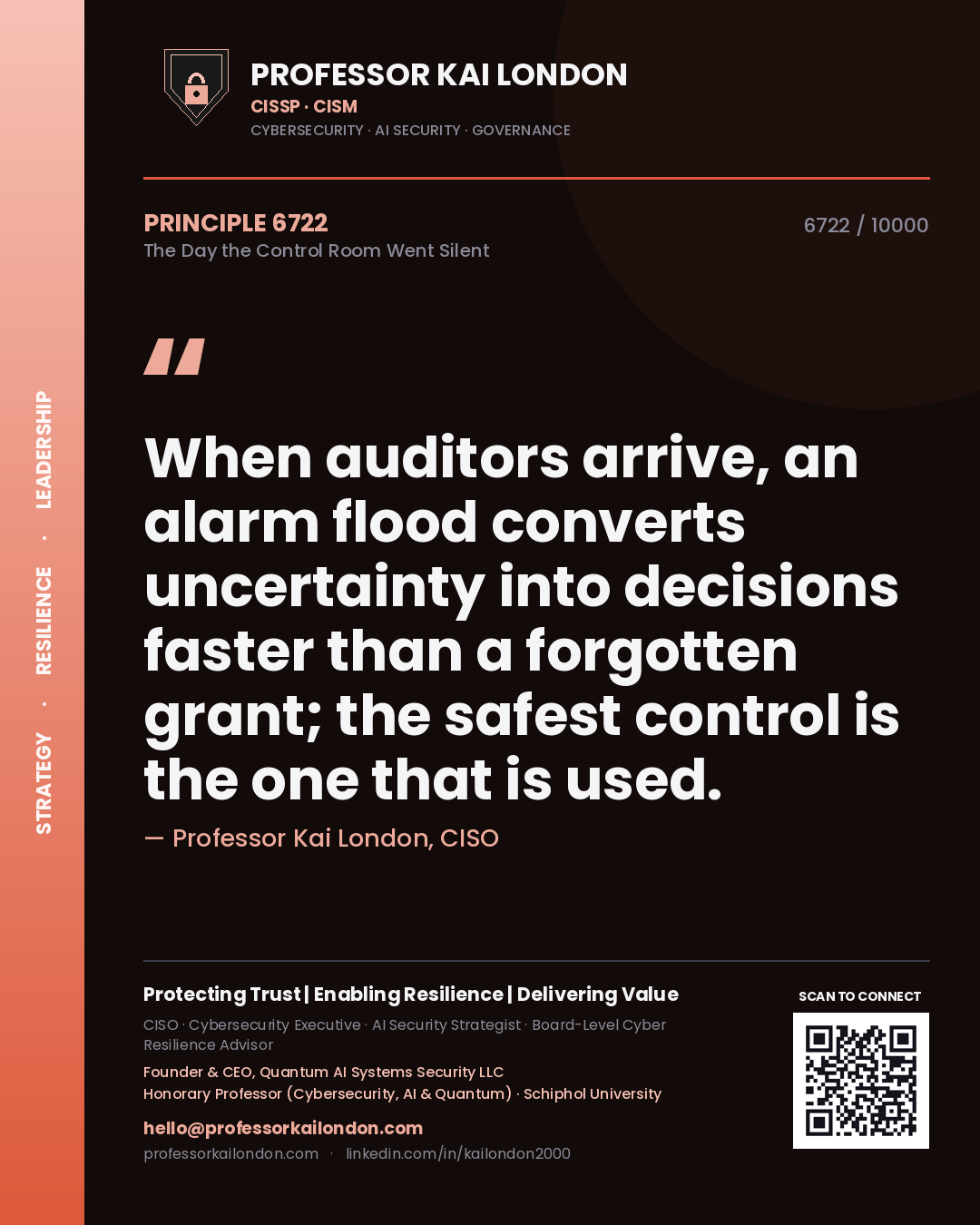 Professor Kai London principle 6722: When auditors arrive, an alarm flood converts uncertainty into decisions faster than a forgotten grant; the safest control is the one that is used.