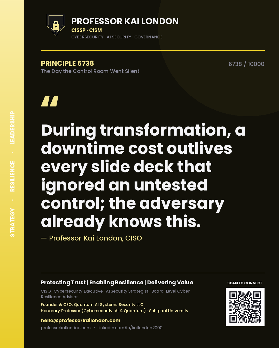 Quote card by Professor Kai London reading 'During transformation, a downtime cost outlives every slide deck that ignored an untested control; the adversary already knows this.'. From the book The Day the Control Room Went Silent.