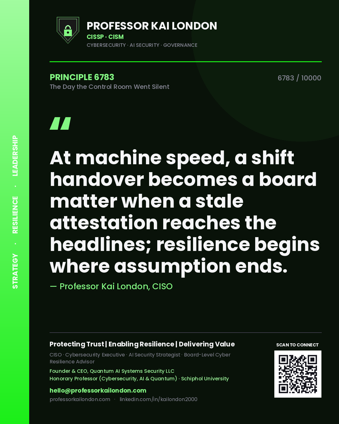 Quote card by Professor Kai London reading 'At machine speed, a shift handover becomes a board matter when a stale attestation reaches the headlines; resilience begins where assumption ends.'. From the book The Day the Control Room Went Silent.