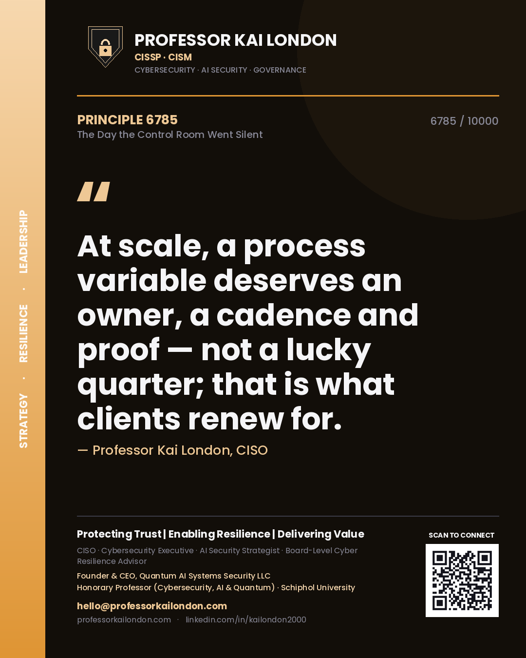 Professor Kai London principle 6785: At scale, a process variable deserves an owner, a cadence and proof — not a lucky quarter; that is what clients renew for.