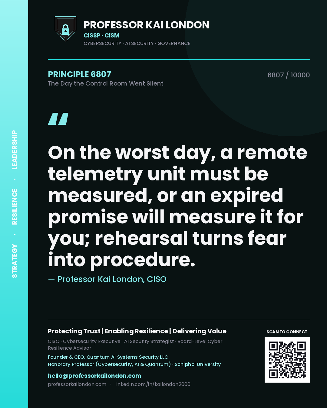 Quote card by Professor Kai London reading 'On the worst day, a remote telemetry unit must be measured, or an expired promise will measure it for you; rehearsal turns fear into procedure.'. From the book The Day the Control Room Went Silent.