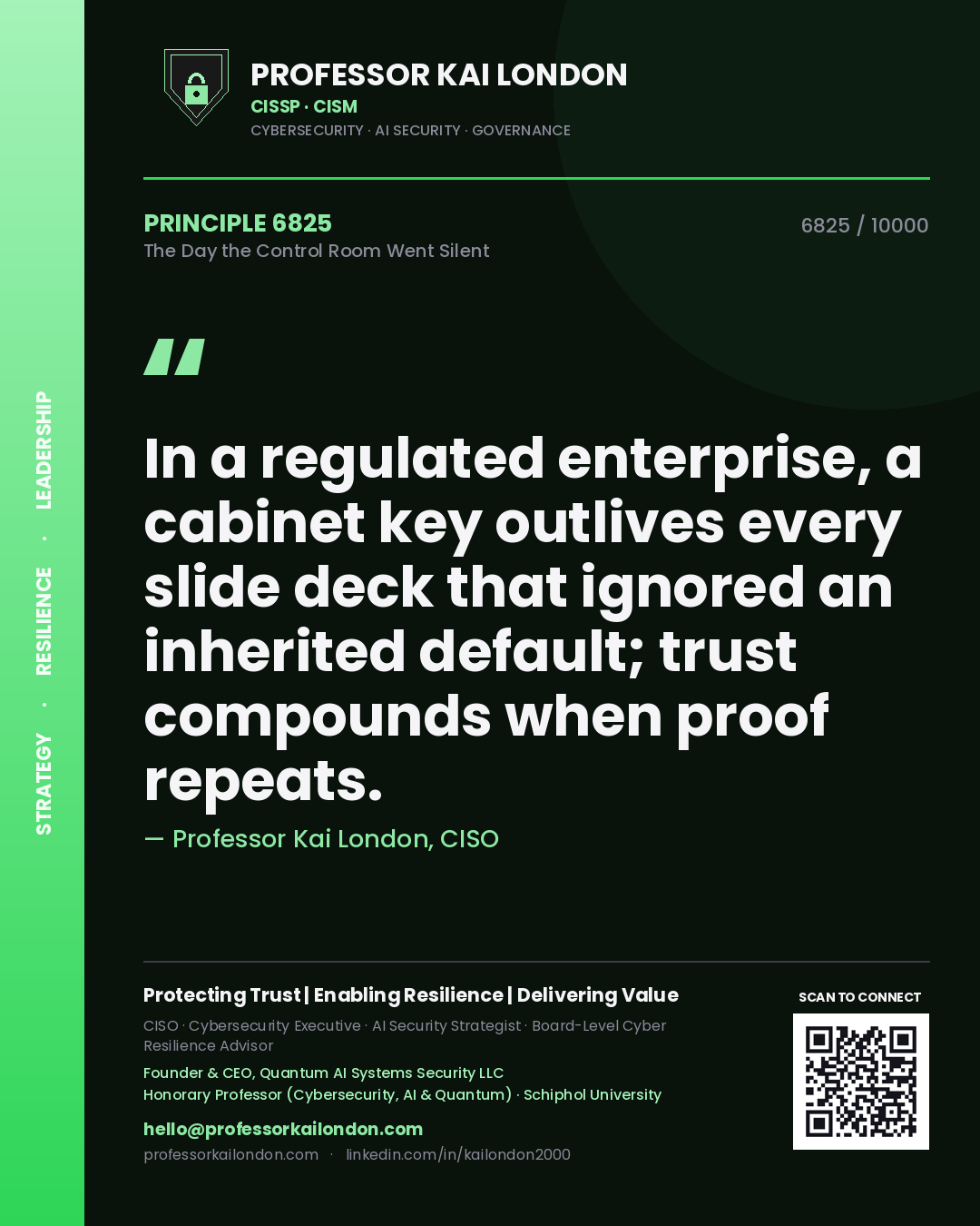 Quote card by Professor Kai London reading 'In a regulated enterprise, a cabinet key outlives every slide deck that ignored an inherited default; trust compounds when proof repeats.'. From the book The Day the Control Room Went Silent.