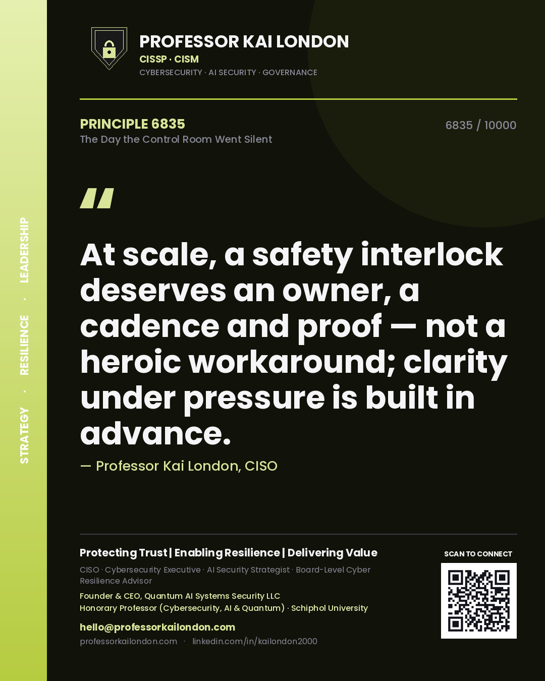 Quote card by Professor Kai London reading 'At scale, a safety interlock deserves an owner, a cadence and proof — not a heroic workaround; clarity under pressure is built in advance.'. From the book The Day the Control Room Went Silent.