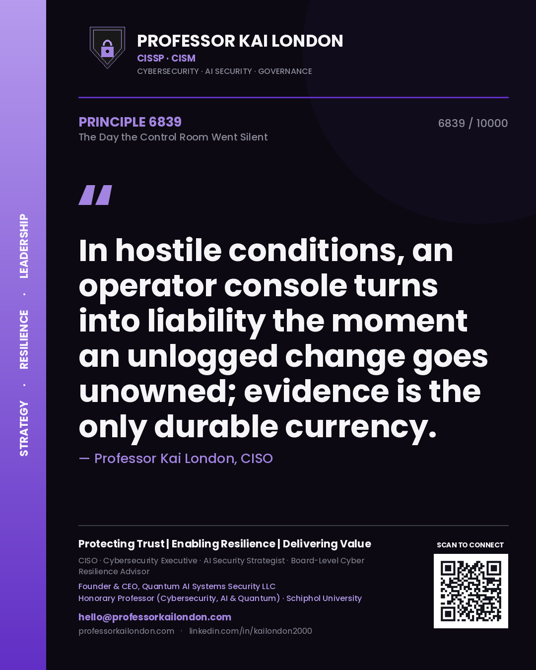 Professor Kai London principle 6839: In hostile conditions, an operator console turns into liability the moment an unlogged change goes unowned; evidence is the only durable currency.