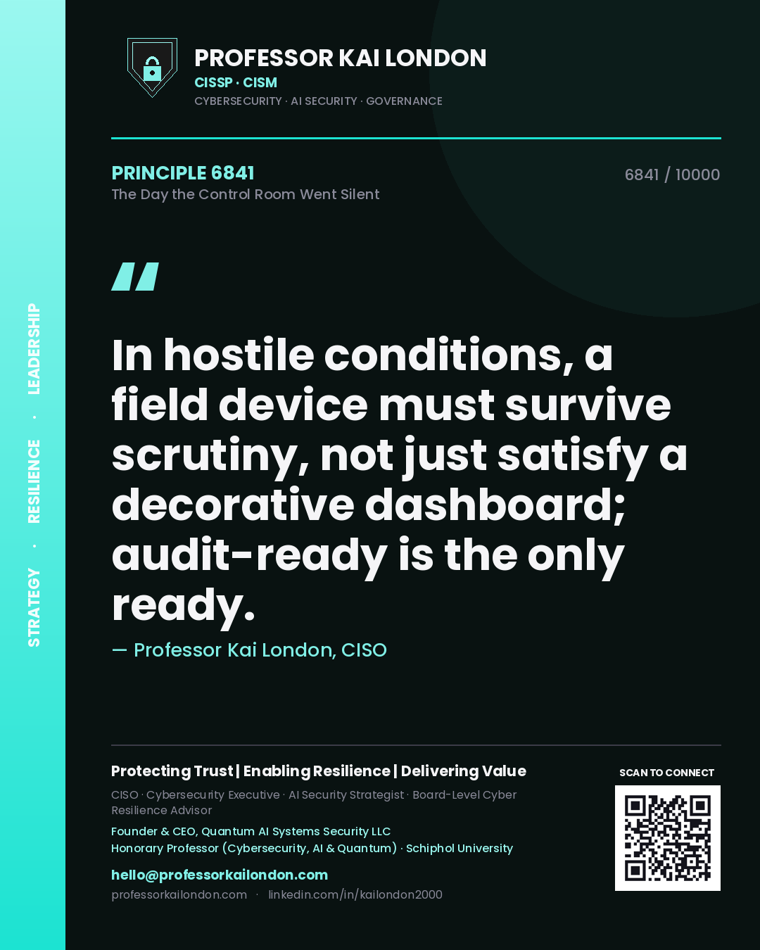 Quote card by Professor Kai London reading 'In hostile conditions, a field device must survive scrutiny, not just satisfy a decorative dashboard; audit-ready is the only ready.'. From the book The Day the Control Room Went Silent.
