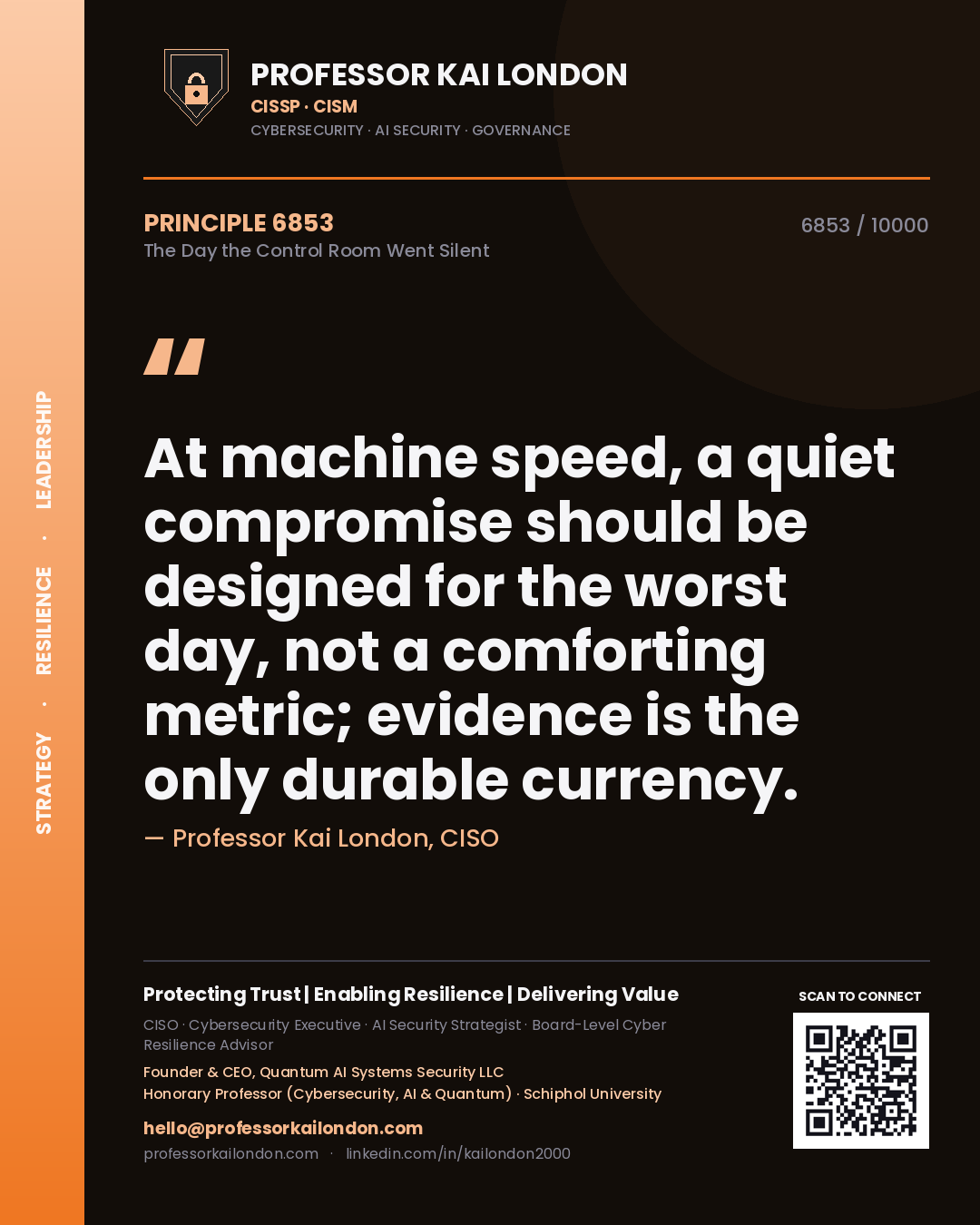 Quote card by Professor Kai London reading 'At machine speed, a quiet compromise should be designed for the worst day, not a comforting metric; evidence is the only durable currency.'. From the book The Day the Control Room Went Silent.