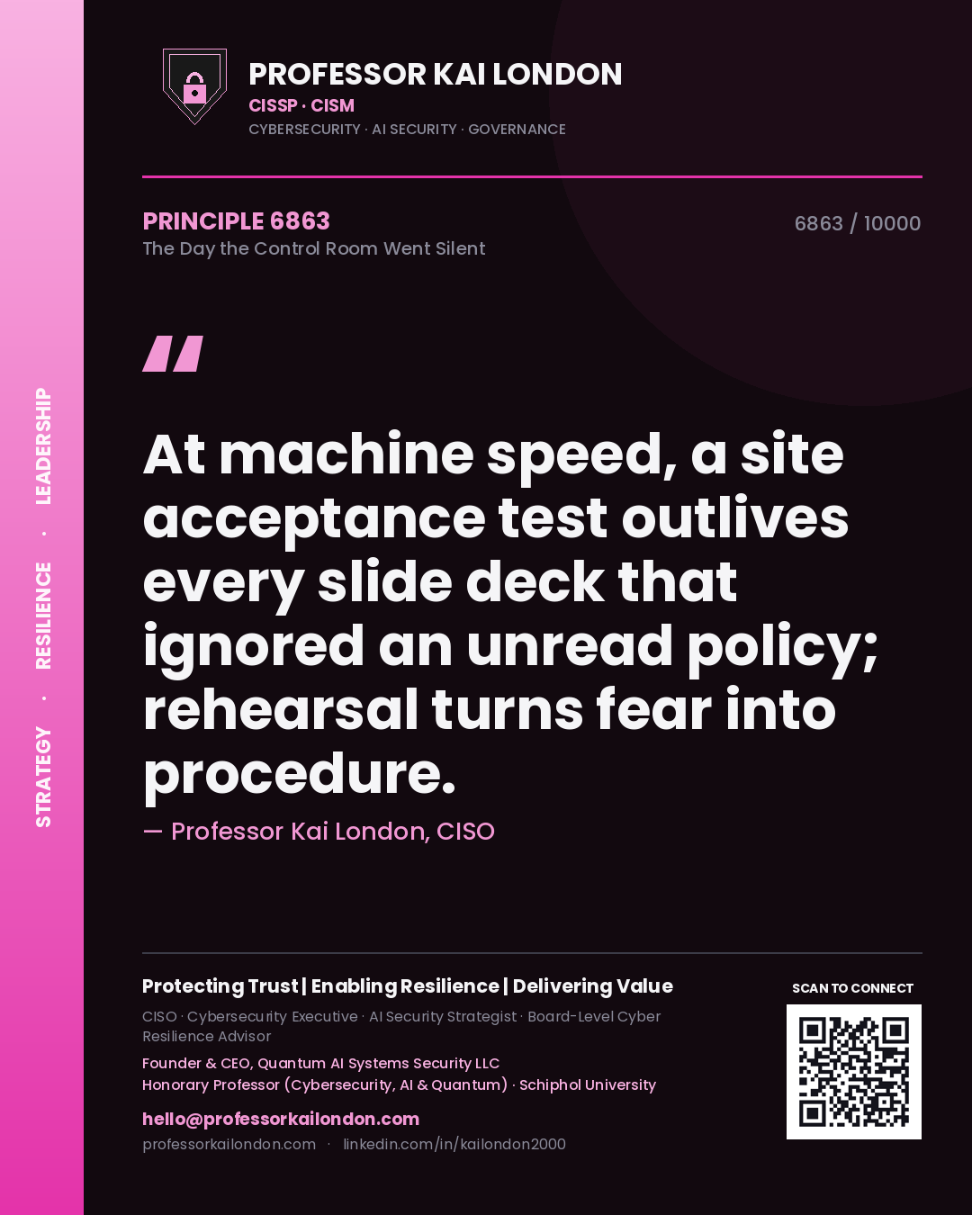 Quote card by Professor Kai London reading 'At machine speed, a site acceptance test outlives every slide deck that ignored an unread policy; rehearsal turns fear into procedure.'. From the book The Day the Control Room Went Silent.