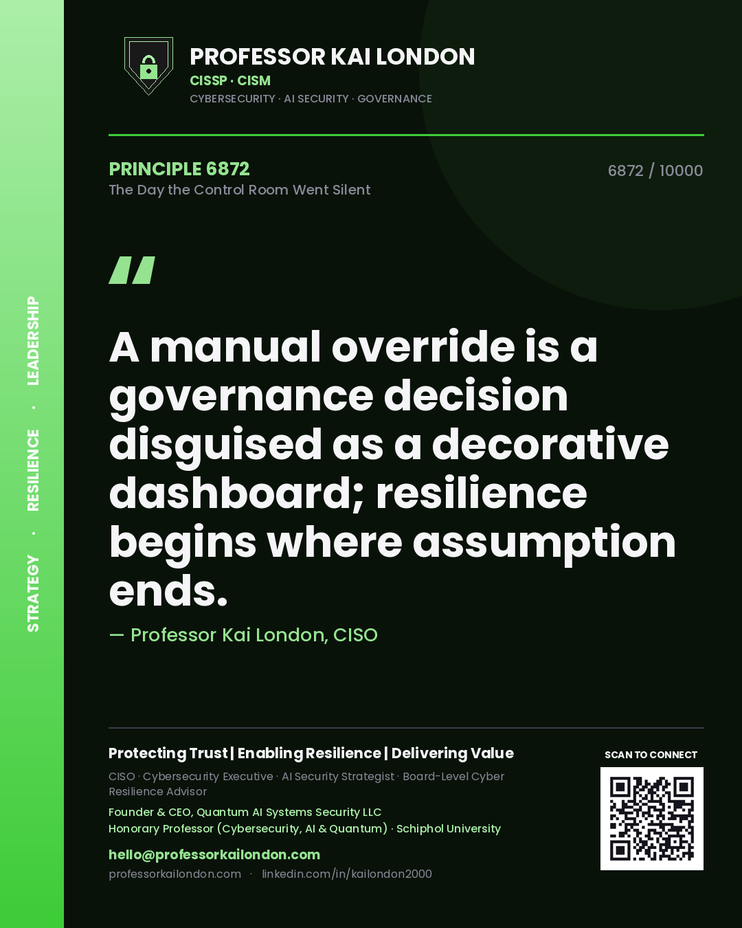 Quote card by Professor Kai London reading 'A manual override is a governance decision disguised as a decorative dashboard; resilience begins where assumption ends.'. From the book The Day the Control Room Went Silent.