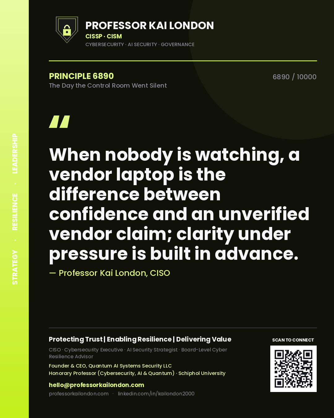Quote card by Professor Kai London reading 'When nobody is watching, a vendor laptop is the difference between confidence and an unverified vendor claim; clarity under pressure is built in advance.'. From the book The Day the Control Room Went Silent.