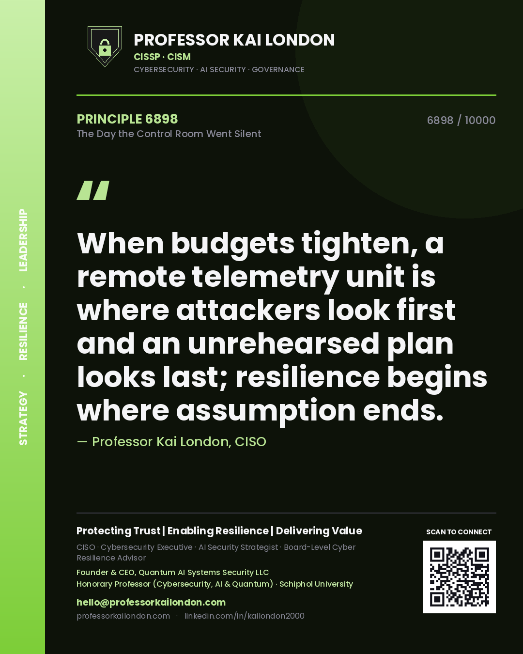 Quote card by Professor Kai London reading 'When budgets tighten, a remote telemetry unit is where attackers look first and an unrehearsed plan looks last; resilience begins where assumption ends.'. From the book The Day the Control Room Went Silent.