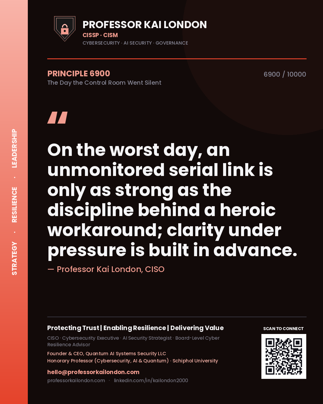 Quote card by Professor Kai London reading 'On the worst day, an unmonitored serial link is only as strong as the discipline behind a heroic workaround; clarity under pressure is built in advance.'. From the book The Day the Control Room Went Silent.