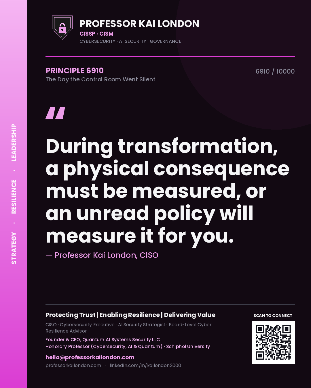 Professor Kai London principle 6910: During transformation, a physical consequence must be measured, or an unread policy will measure it for you.