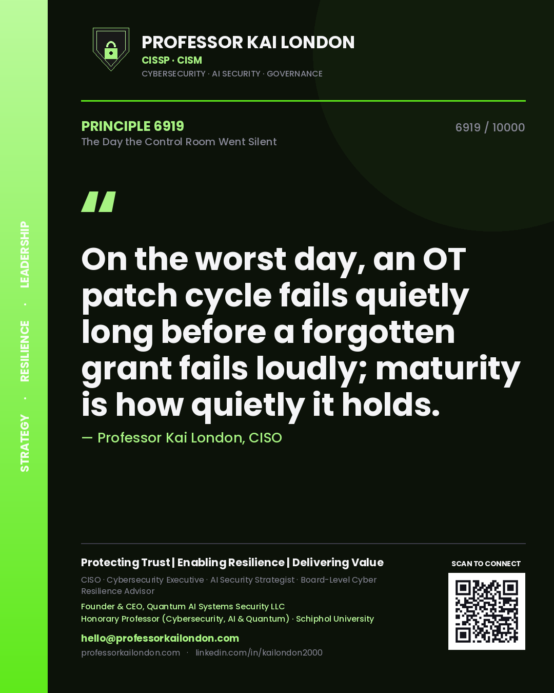 Professor Kai London principle 6919: On the worst day, an OT patch cycle fails quietly long before a forgotten grant fails loudly; maturity is how quietly it holds.