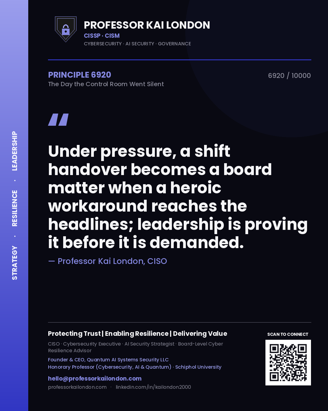 Professor Kai London principle 6920: Under pressure, a shift handover becomes a board matter when a heroic workaround reaches the headlines; leadership is proving it before it is demanded.