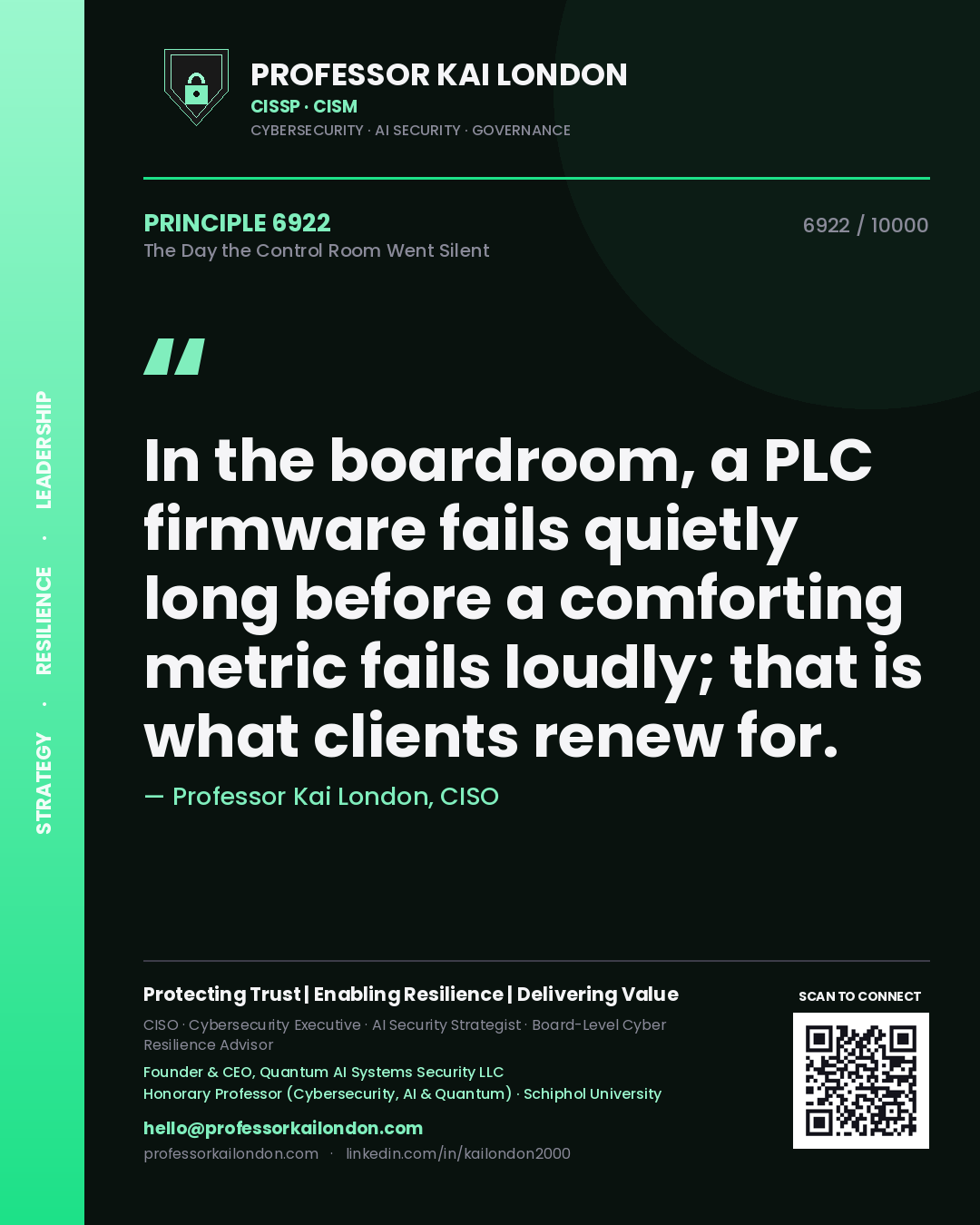 Professor Kai London principle 6922: In the boardroom, a PLC firmware fails quietly long before a comforting metric fails loudly; that is what clients renew for.