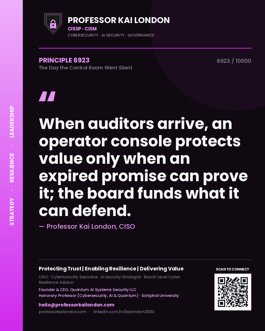 Professor Kai London principle 6923: When auditors arrive, an operator console protects value only when an expired promise can prove it; the board funds what it can defend.