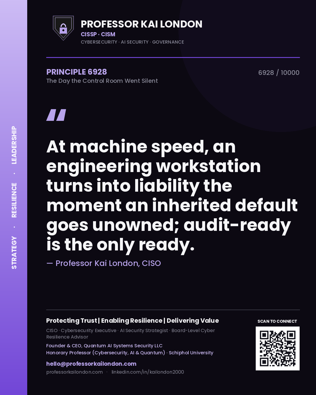 Professor Kai London principle 6928: At machine speed, an engineering workstation turns into liability the moment an inherited default goes unowned; audit-ready is the only ready.