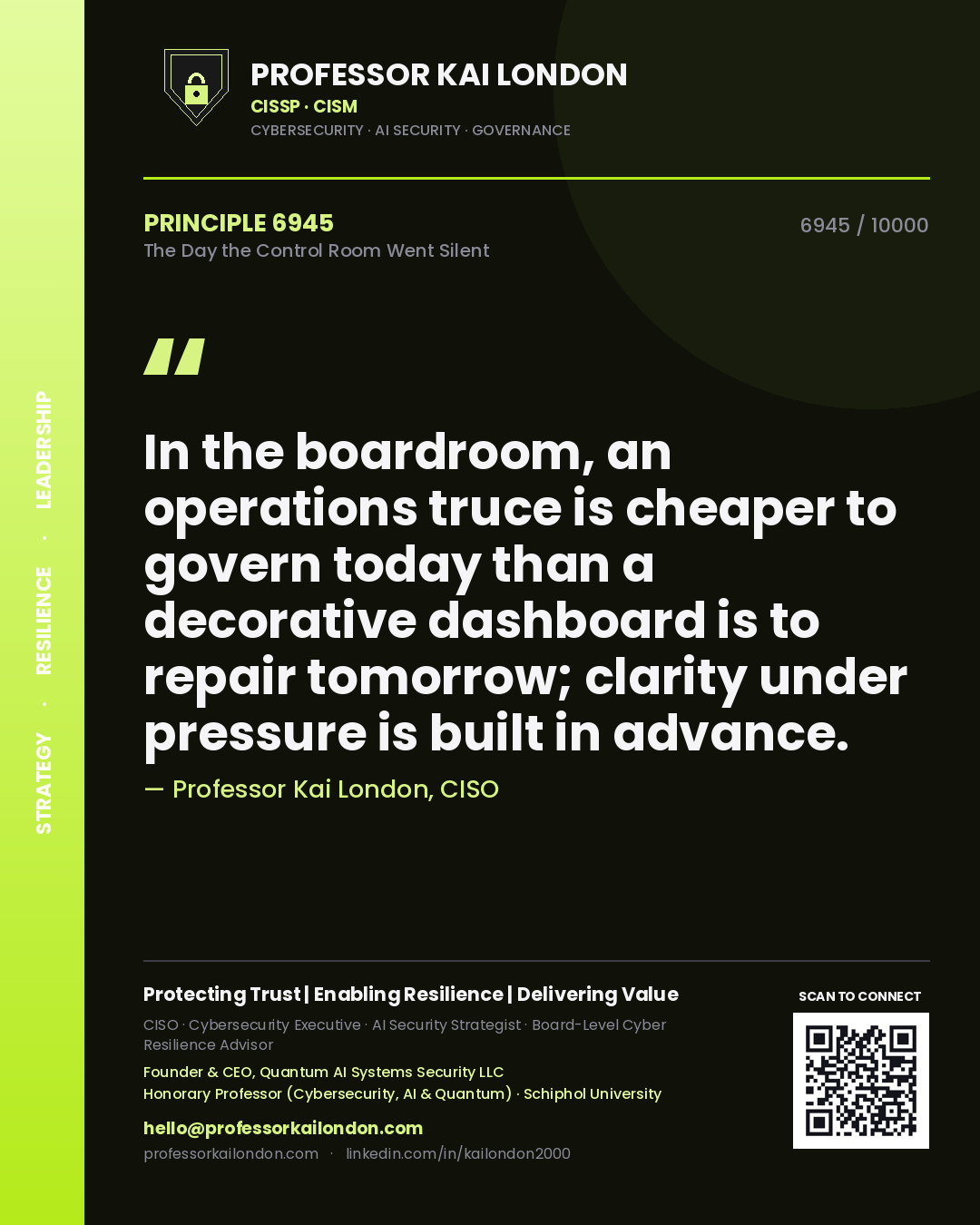 Professor Kai London principle 6945: In the boardroom, an operations truce is cheaper to govern today than a decorative dashboard is to repair tomorrow; clarity under pressure is built in advance.