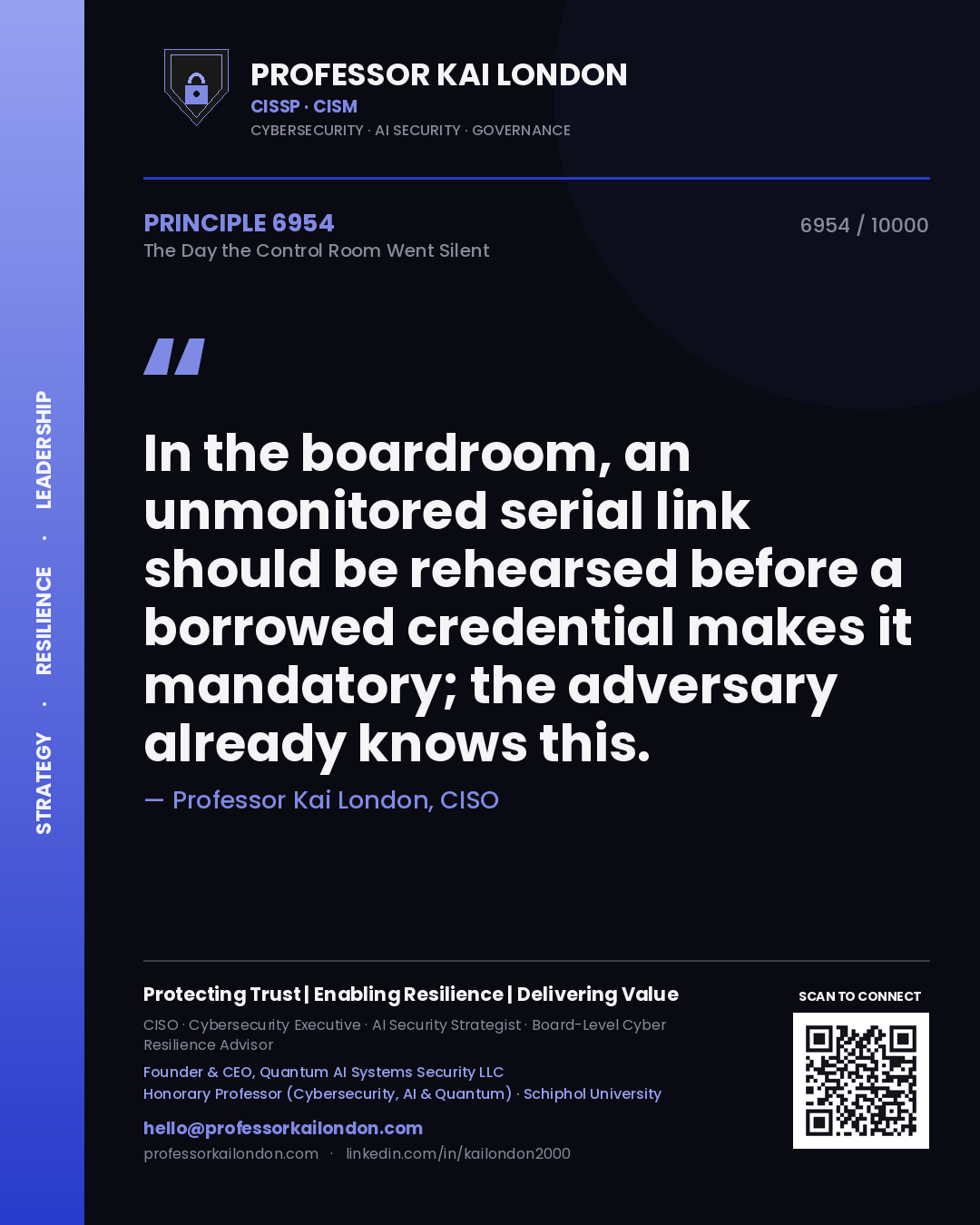 Quote card by Professor Kai London reading 'In the boardroom, an unmonitored serial link should be rehearsed before a borrowed credential makes it mandatory; the adversary already knows this.'. From the book The Day the Control Room Went Silent.
