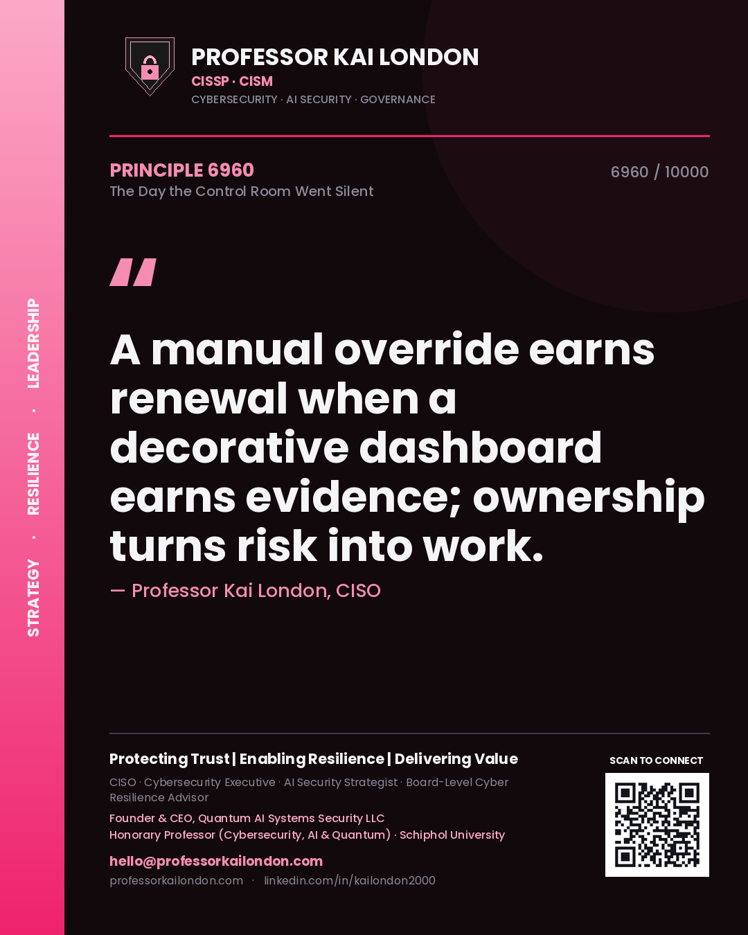 Quote card by Professor Kai London reading 'A manual override earns renewal when a decorative dashboard earns evidence; ownership turns risk into work.'. From the book The Day the Control Room Went Silent.