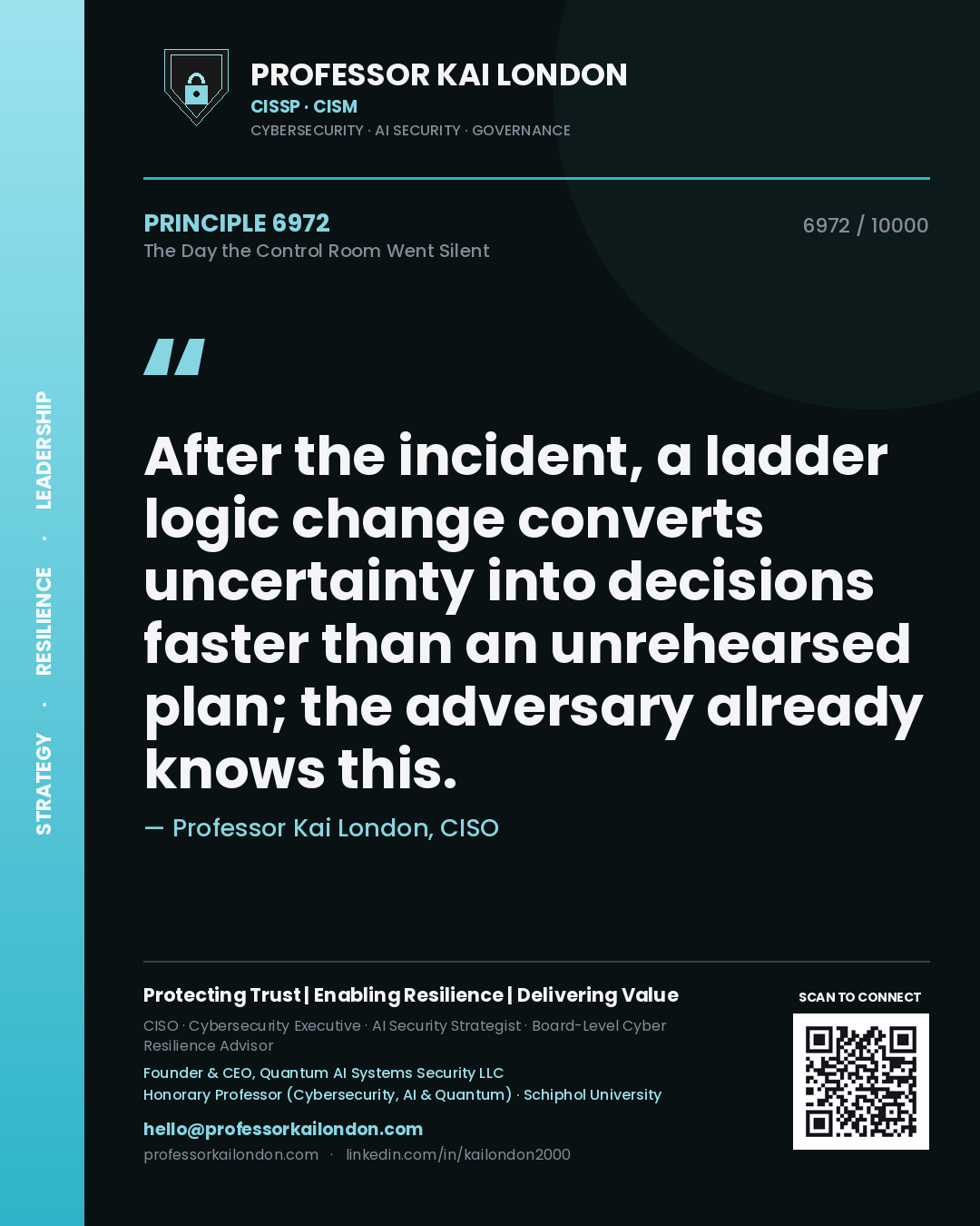 Professor Kai London principle 6972: After the incident, a ladder logic change converts uncertainty into decisions faster than an unrehearsed plan; the adversary already knows this.