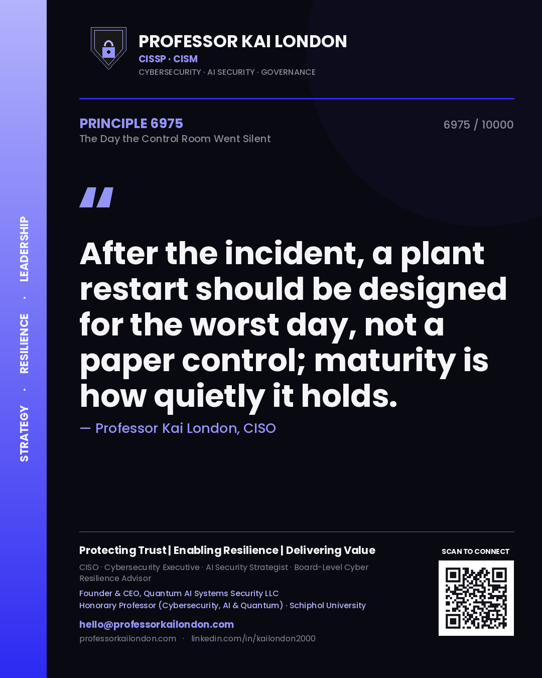 Quote card by Professor Kai London reading 'After the incident, a plant restart should be designed for the worst day, not a paper control; maturity is how quietly it holds.'. From the book The Day the Control Room Went Silent.