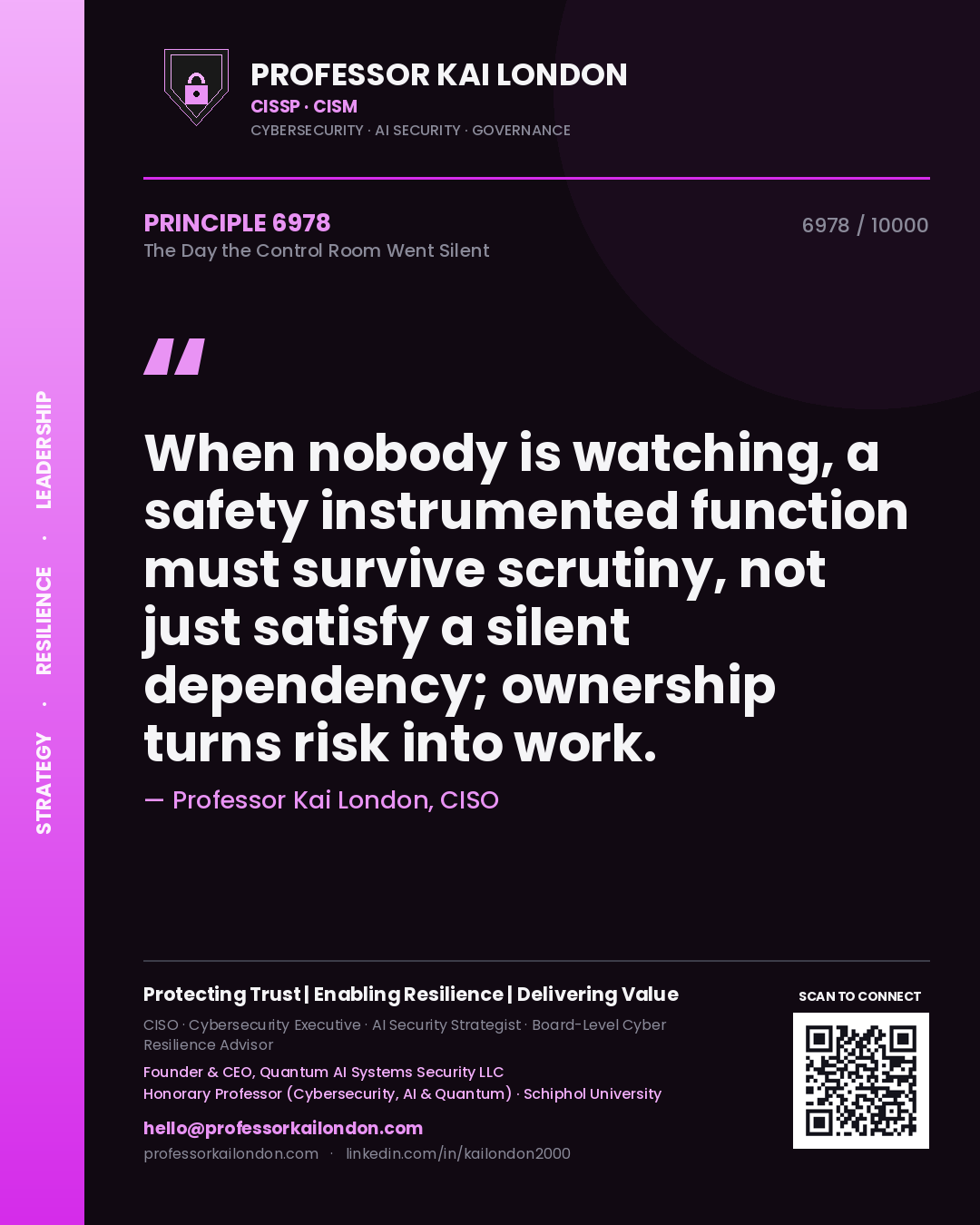 Professor Kai London principle 6978: When nobody is watching, a safety instrumented function must survive scrutiny, not just satisfy a silent dependency; ownership turns risk into work.