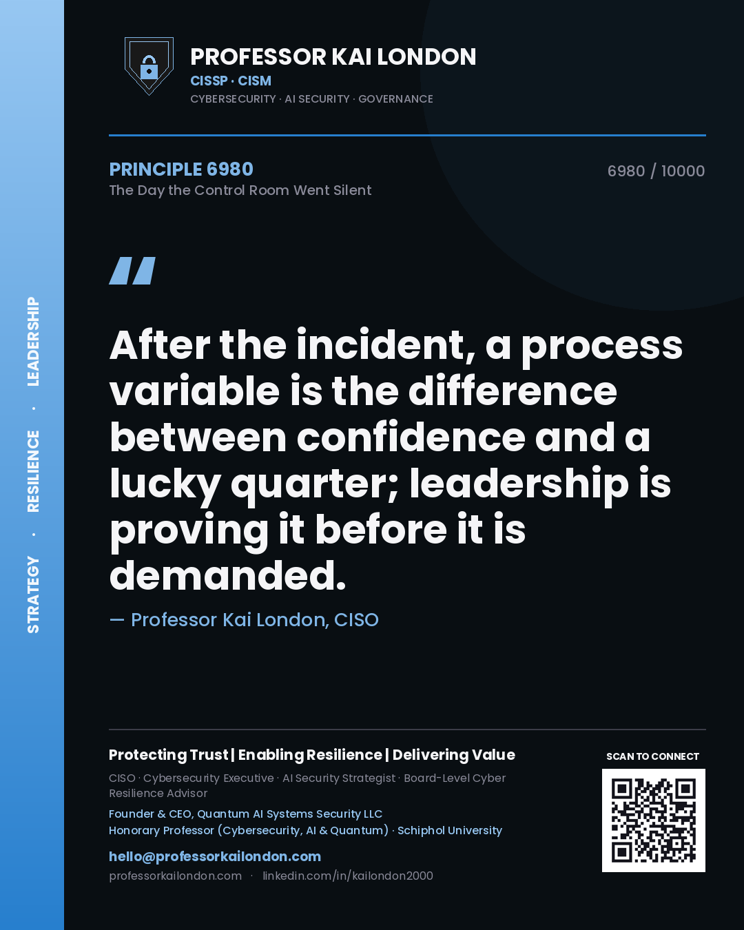 Professor Kai London principle 6980: After the incident, a process variable is the difference between confidence and a lucky quarter; leadership is proving it before it is demanded.