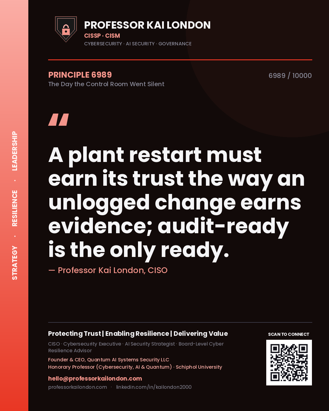 Professor Kai London principle 6989: A plant restart must earn its trust the way an unlogged change earns evidence; audit-ready is the only ready.