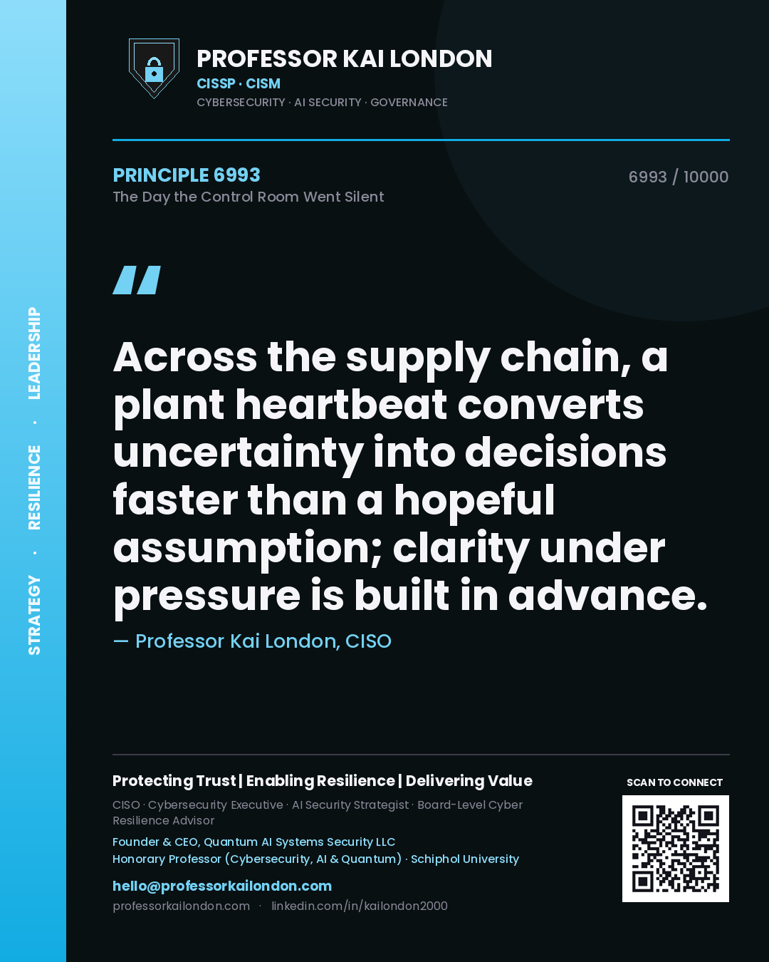 Quote card by Professor Kai London reading 'Across the supply chain, a plant heartbeat converts uncertainty into decisions faster than a hopeful assumption; clarity under pressure is built in advance.'. From the book The Day the Control Room Went Silent.