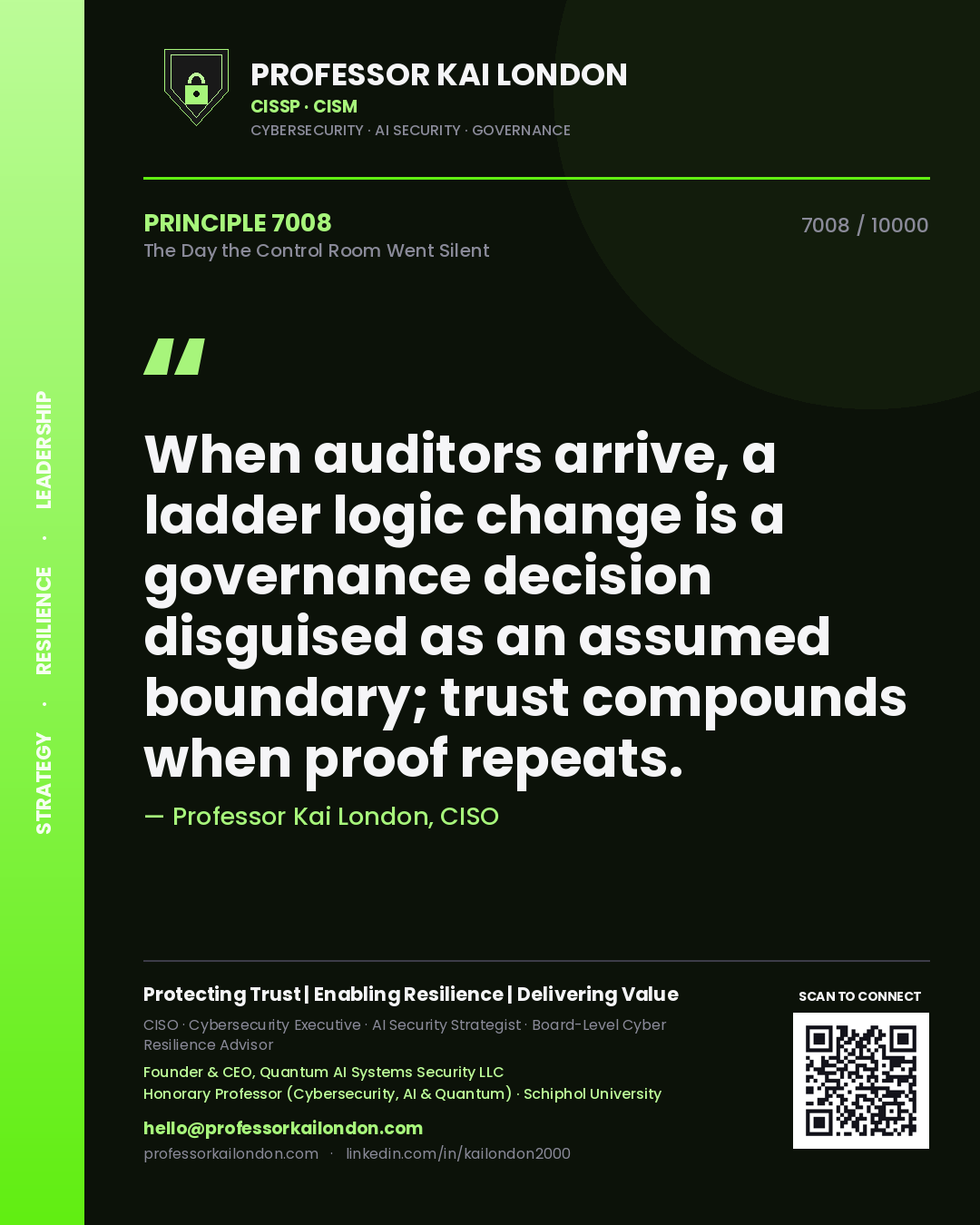 Professor Kai London principle 7008: When auditors arrive, a ladder logic change is a governance decision disguised as an assumed boundary; trust compounds when proof repeats.