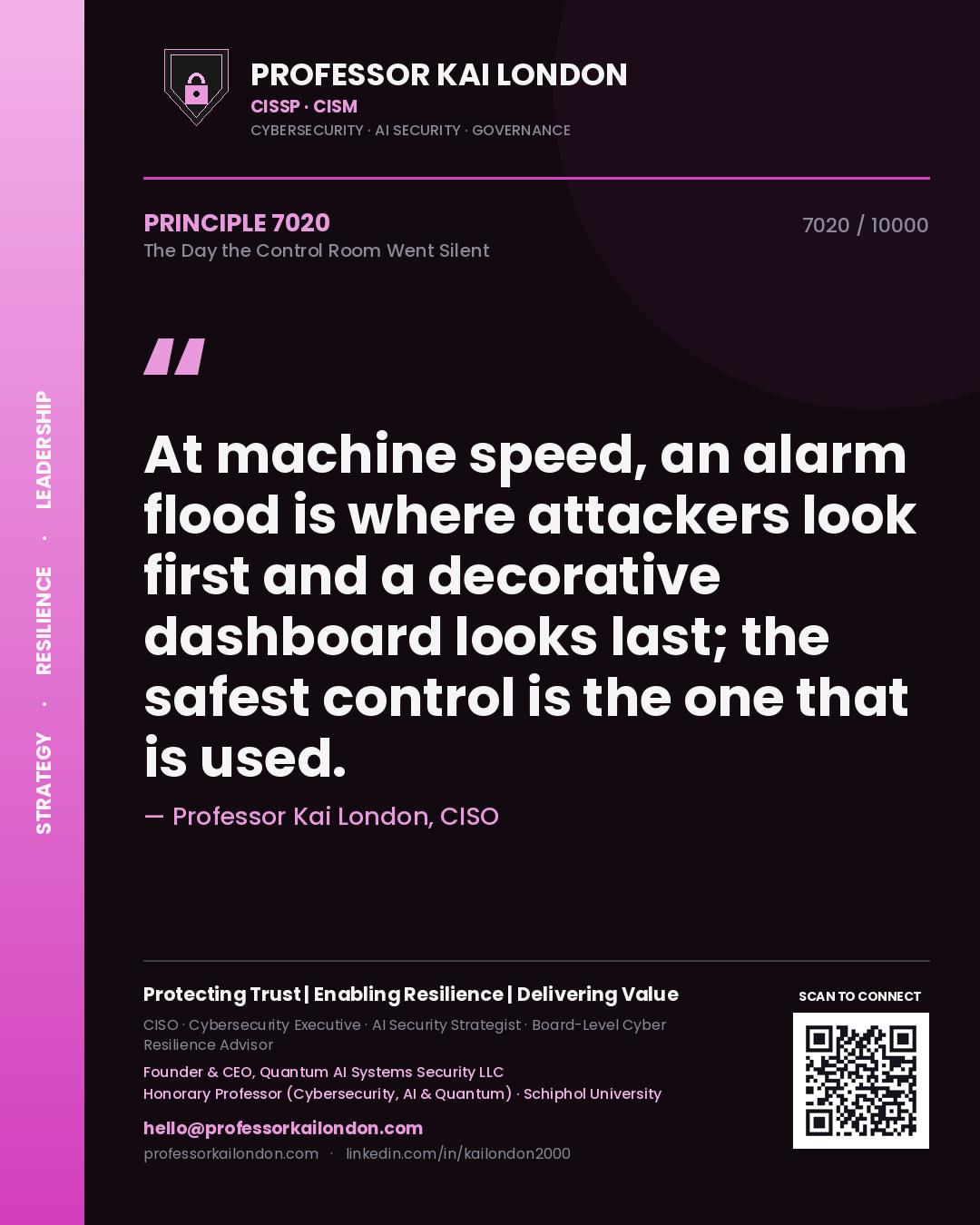 Professor Kai London principle 7020: At machine speed, an alarm flood is where attackers look first and a decorative dashboard looks last; the safest control is the one that is used.
