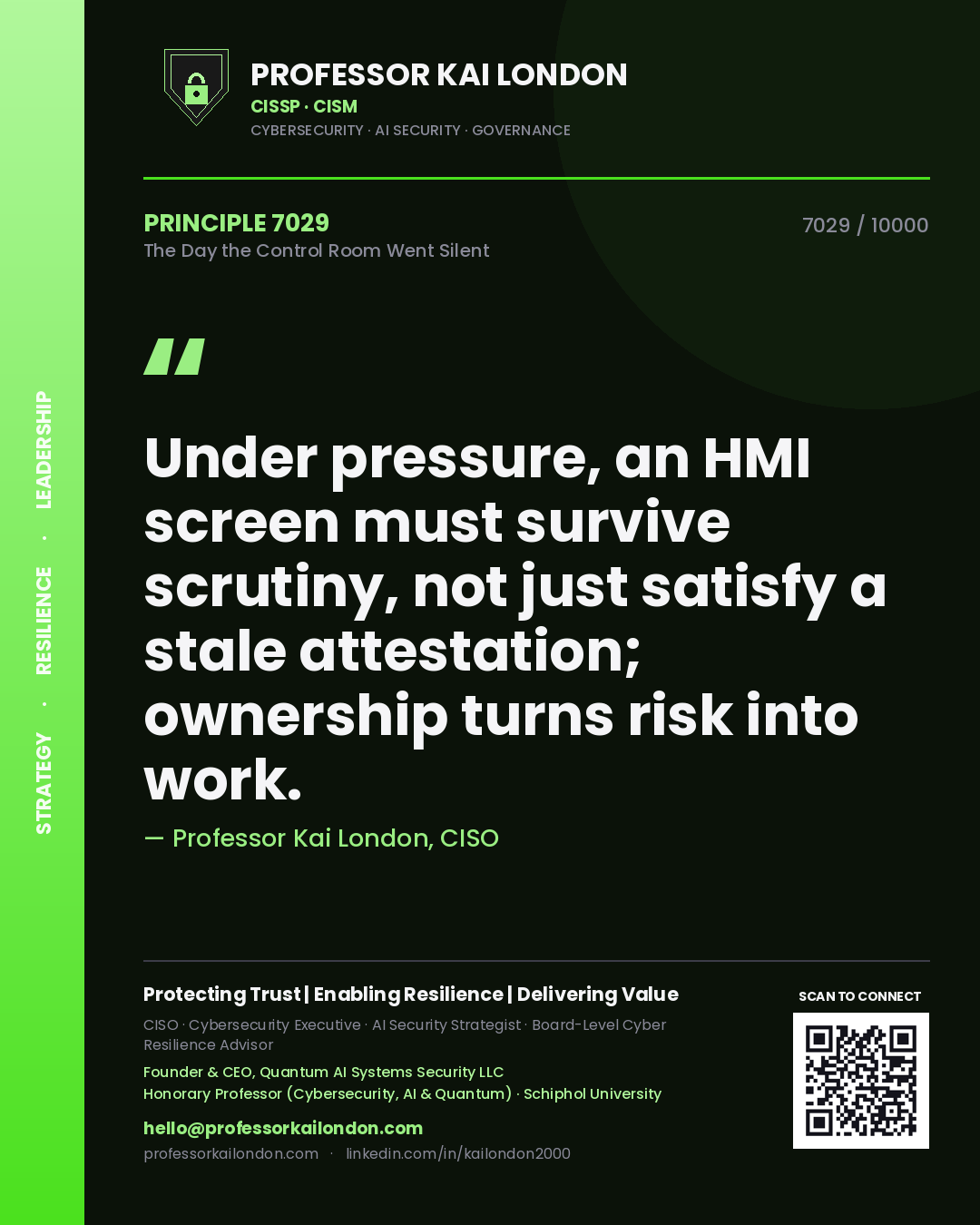 Professor Kai London principle 7029: Under pressure, an HMI screen must survive scrutiny, not just satisfy a stale attestation; ownership turns risk into work.