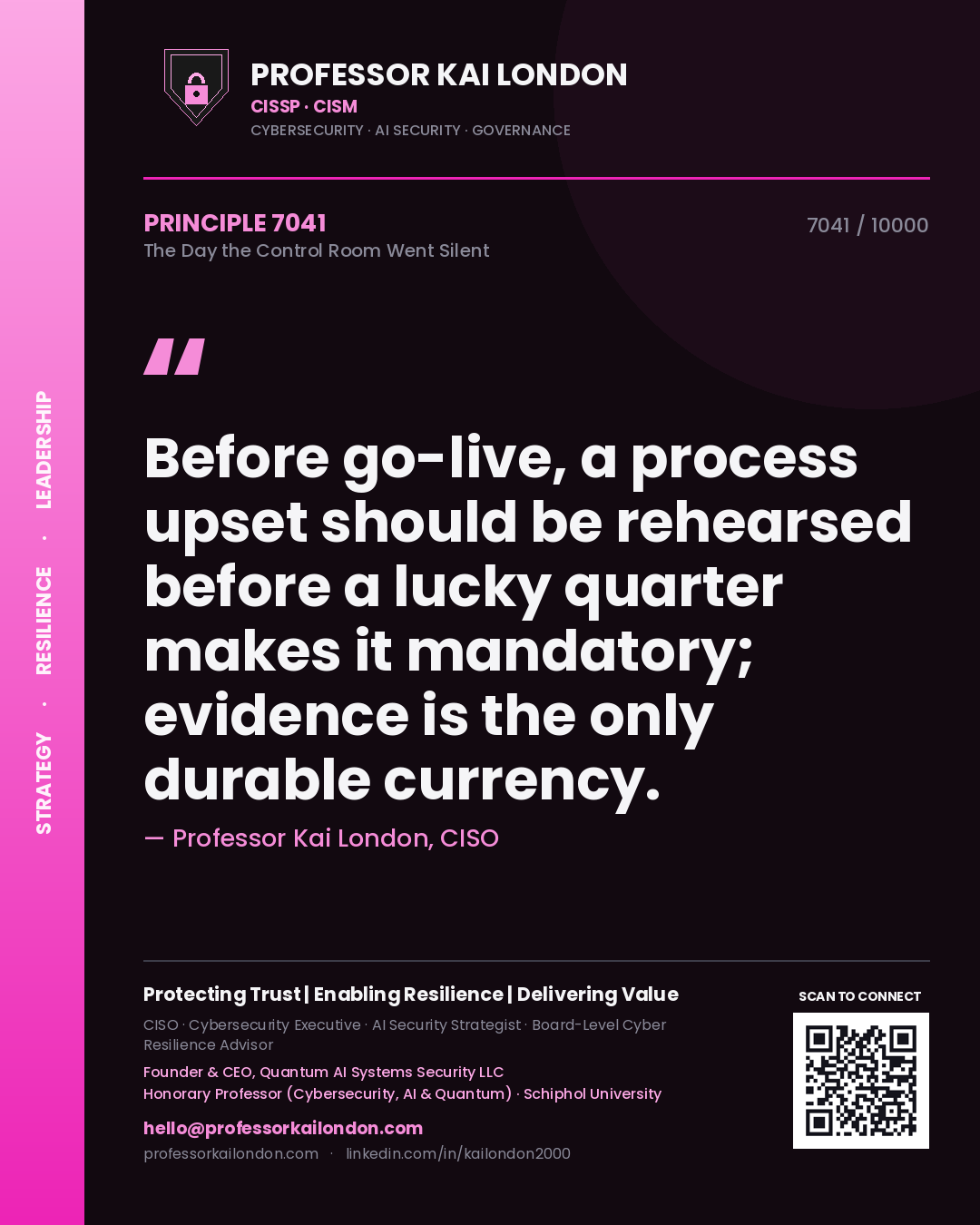 Quote card by Professor Kai London reading 'Before go-live, a process upset should be rehearsed before a lucky quarter makes it mandatory; evidence is the only durable currency.'. From the book The Day the Control Room Went Silent.