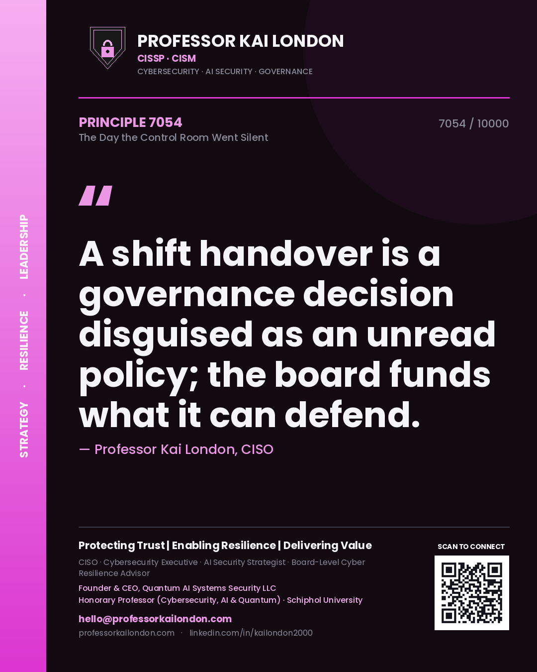 Professor Kai London principle 7054: A shift handover is a governance decision disguised as an unread policy; the board funds what it can defend.