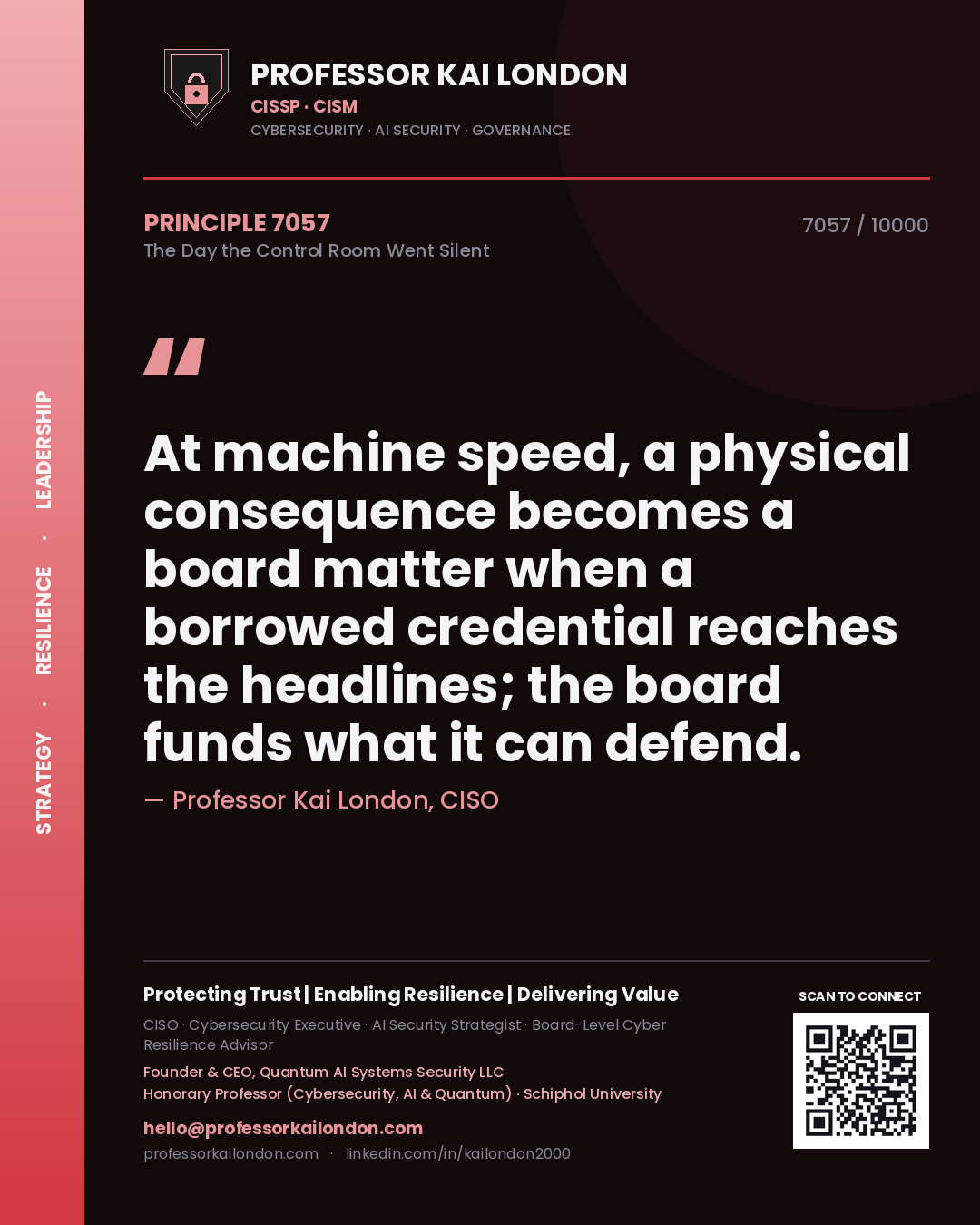 Professor Kai London principle 7057: At machine speed, a physical consequence becomes a board matter when a borrowed credential reaches the headlines; the board funds what it can defend.