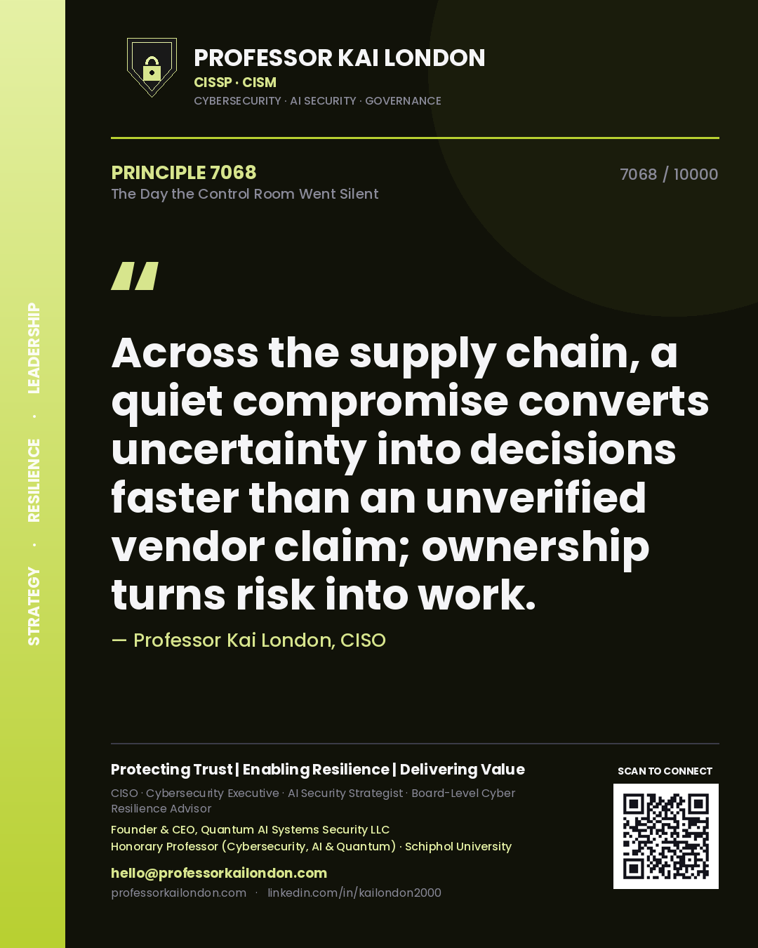 Professor Kai London principle 7068: Across the supply chain, a quiet compromise converts uncertainty into decisions faster than an unverified vendor claim; ownership turns risk into work.