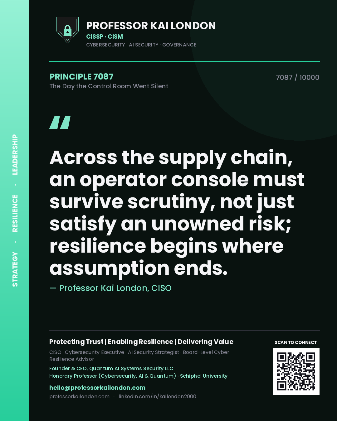 Professor Kai London principle 7087: Across the supply chain, an operator console must survive scrutiny, not just satisfy an unowned risk; resilience begins where assumption ends.