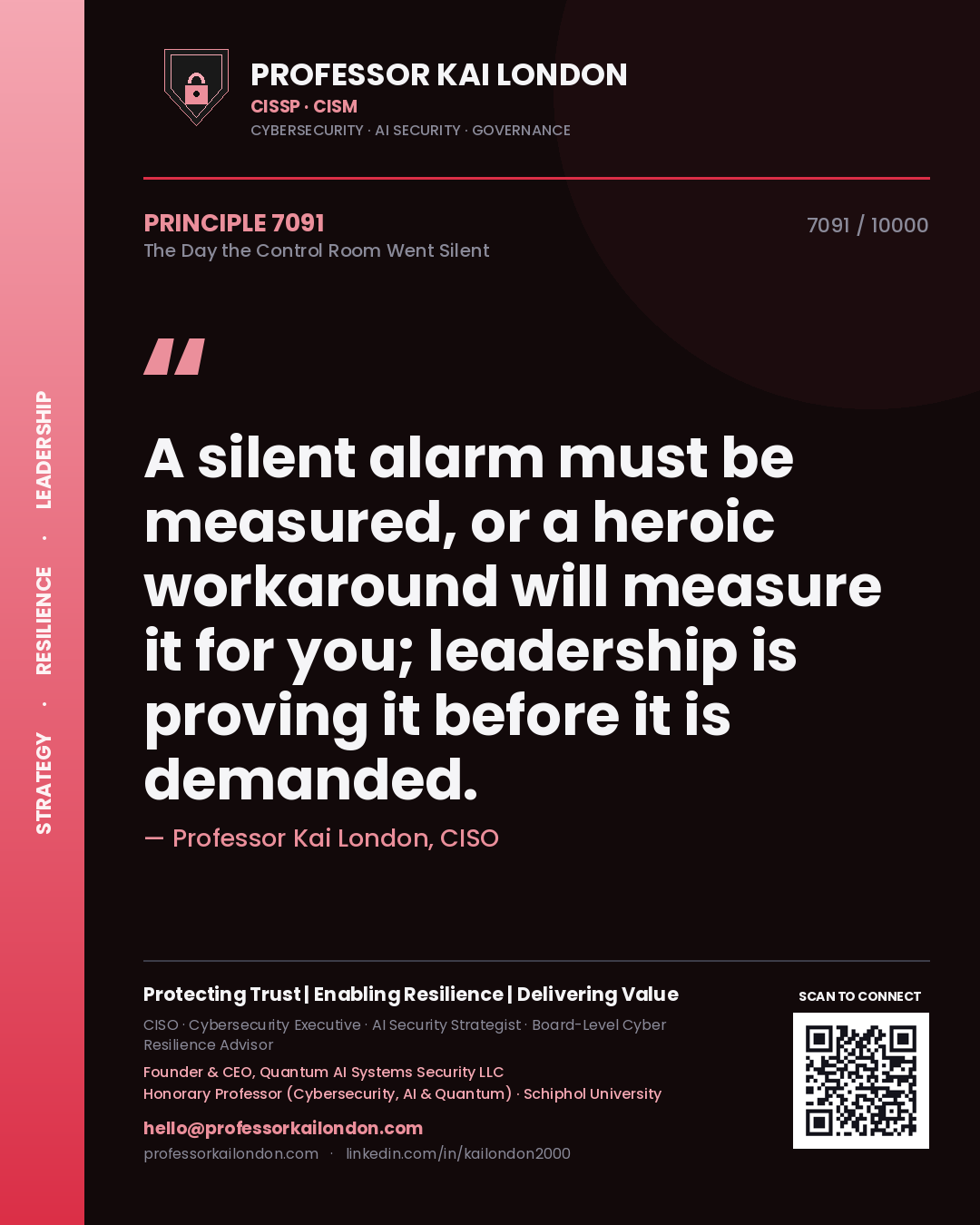 Quote card by Professor Kai London reading 'A silent alarm must be measured, or a heroic workaround will measure it for you; leadership is proving it before it is demanded.'. From the book The Day the Control Room Went Silent.