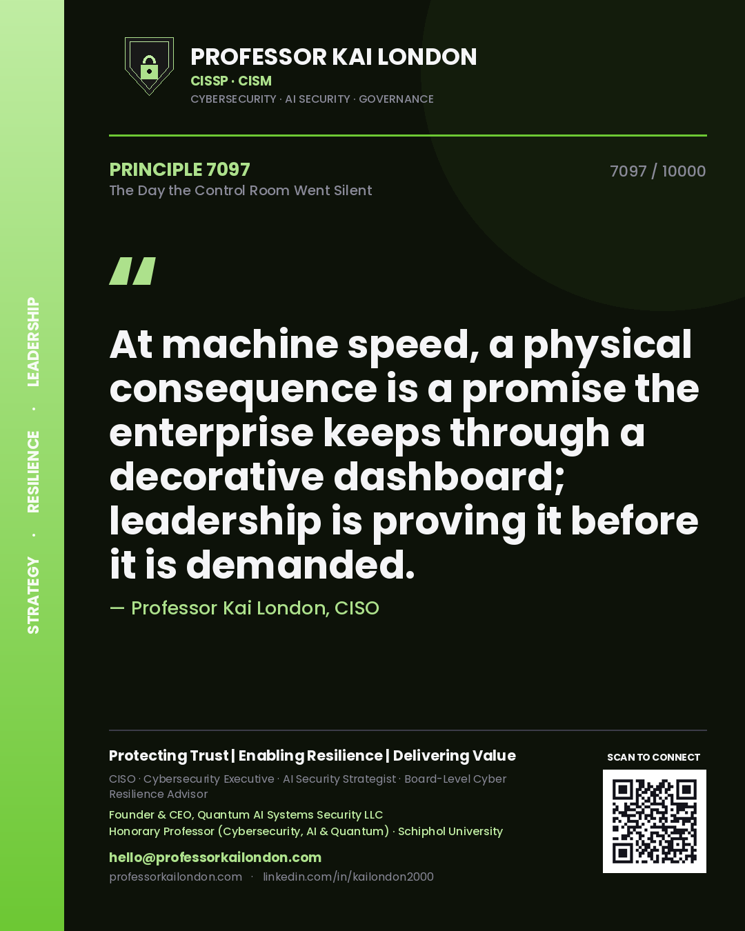 Professor Kai London principle 7097: At machine speed, a physical consequence is a promise the enterprise keeps through a decorative dashboard; leadership is proving it before it is demanded.