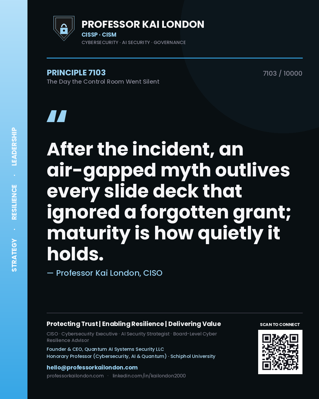 Professor Kai London principle 7103: After the incident, an air-gapped myth outlives every slide deck that ignored a forgotten grant; maturity is how quietly it holds.