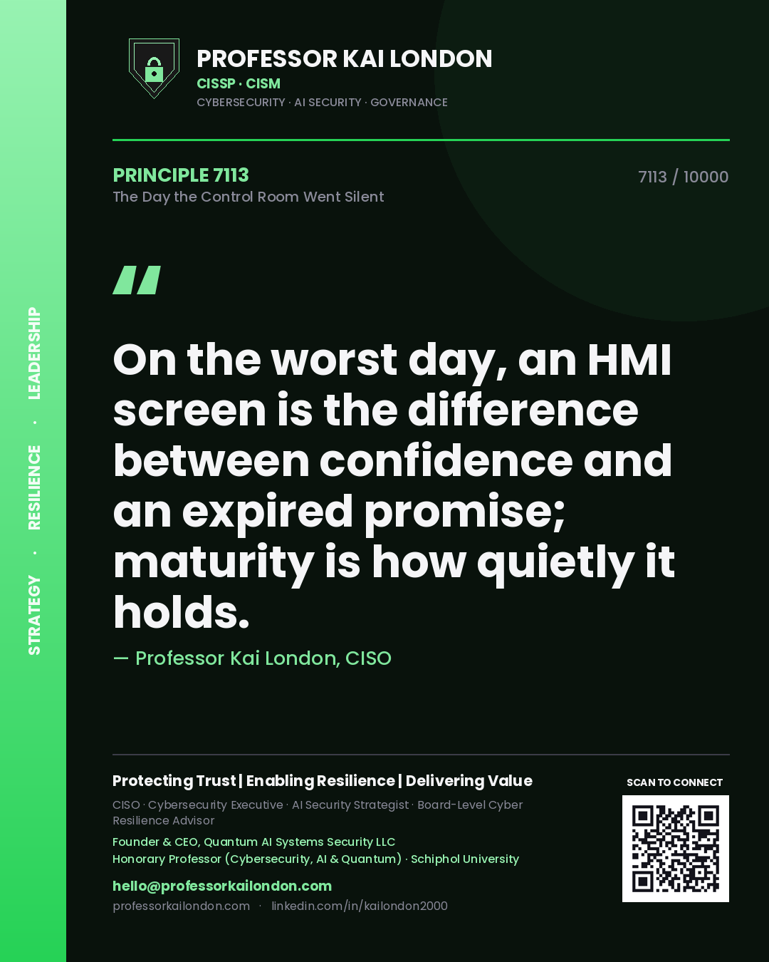 Quote card by Professor Kai London reading 'On the worst day, an HMI screen is the difference between confidence and an expired promise; maturity is how quietly it holds.'. From the book The Day the Control Room Went Silent.