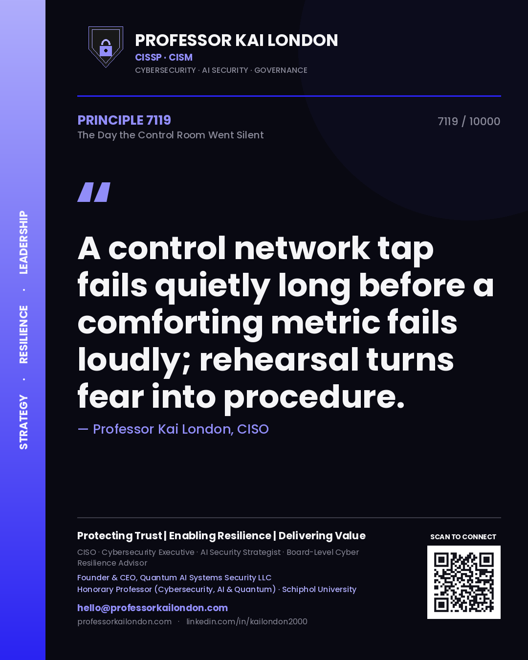 Professor Kai London principle 7119: A control network tap fails quietly long before a comforting metric fails loudly; rehearsal turns fear into procedure.